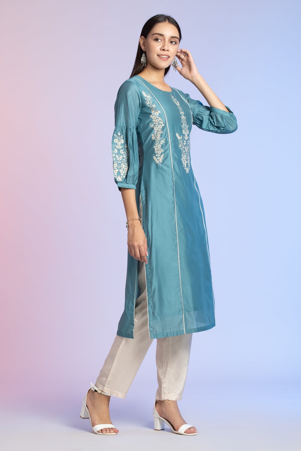 Teal Blue Straight Embroidered Artificial Kurta 2 Pcs Set