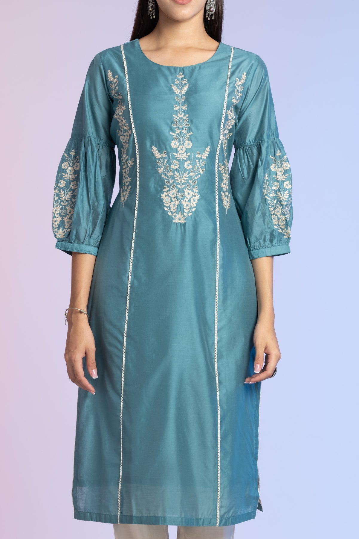 Teal Blue Straight Embroidered Artificial Kurta 2 Pcs Set
