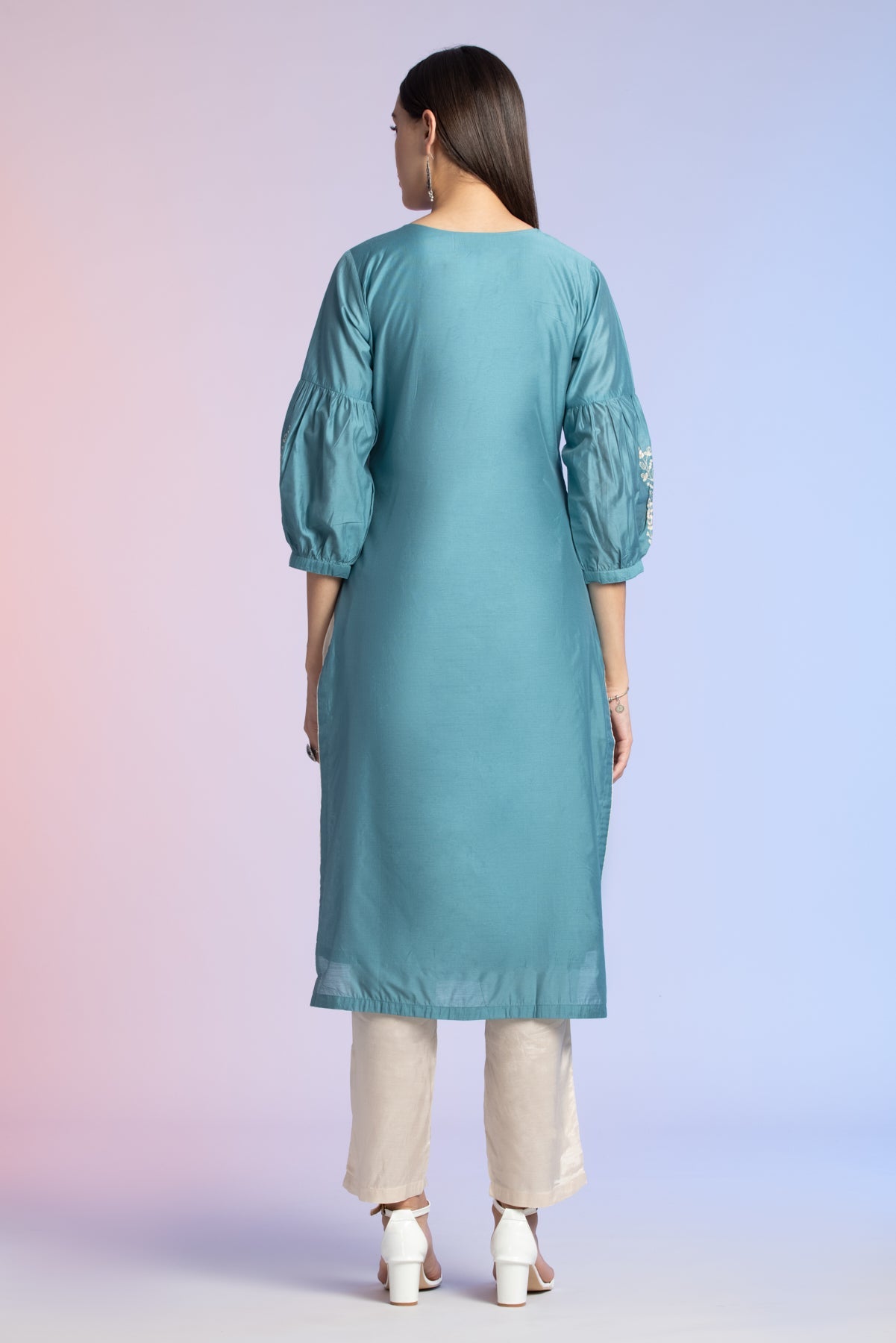 Teal Blue Straight Embroidered Artificial Kurta 2 Pcs Set