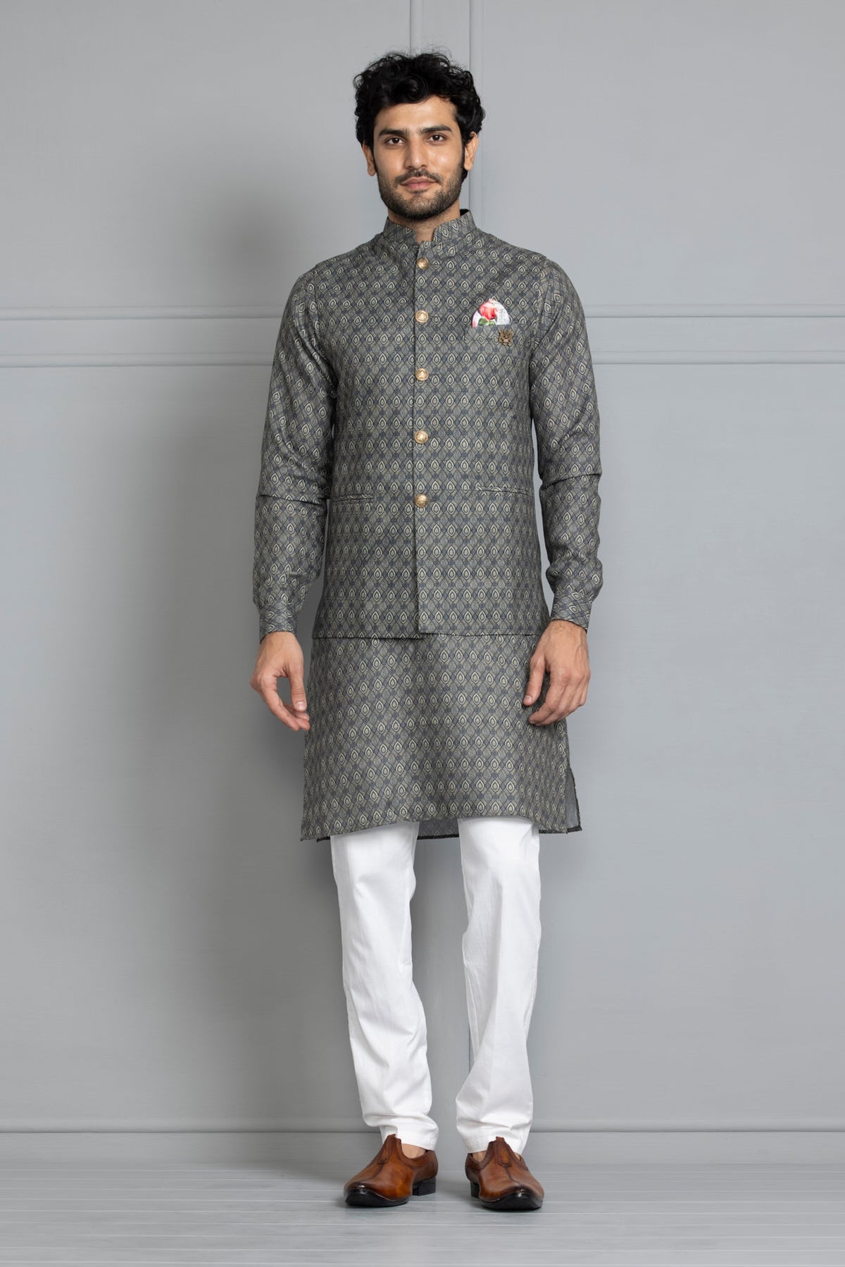 Green Printed Kurta Set Nehru Jacket