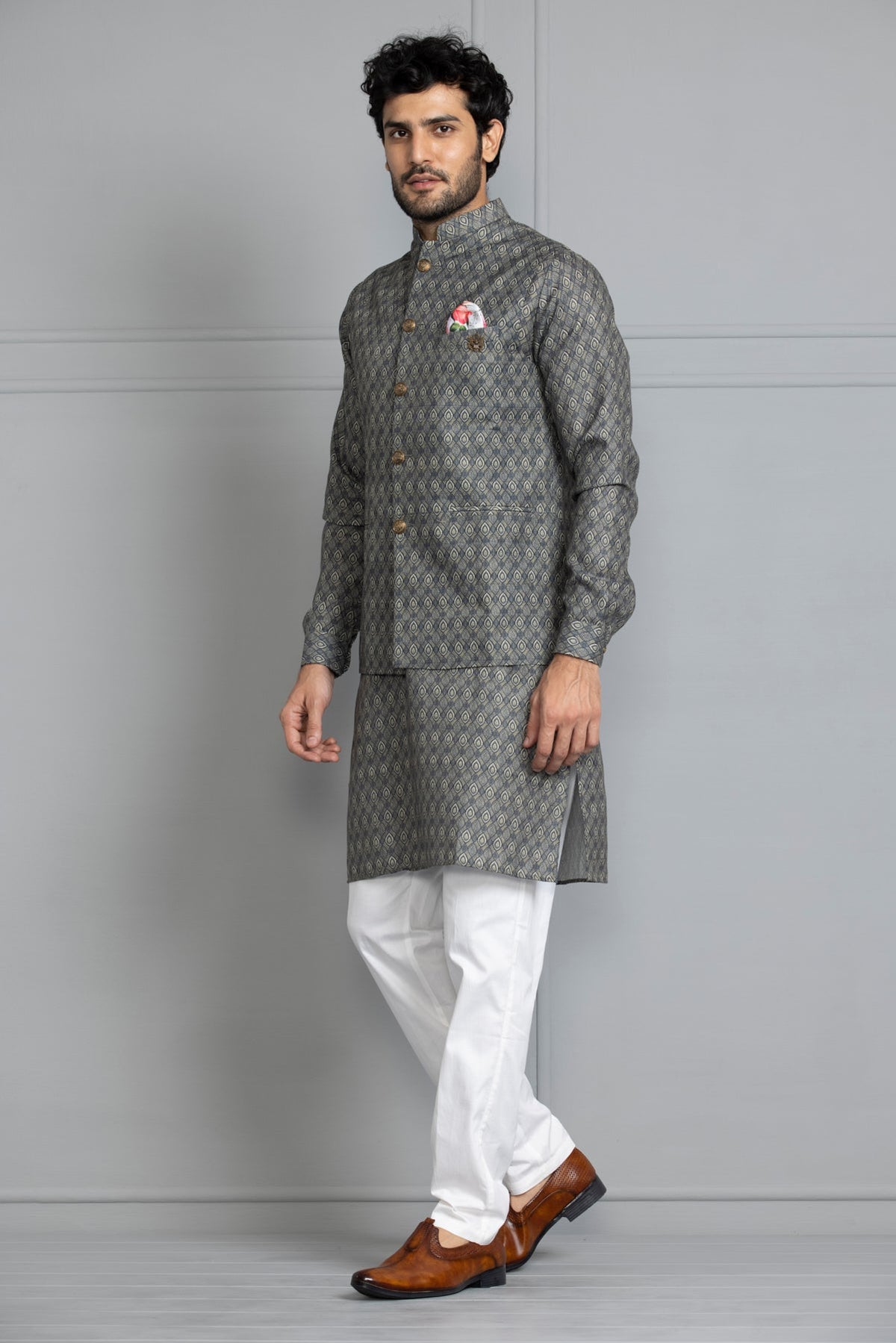Green Printed Kurta Set Nehru Jacket