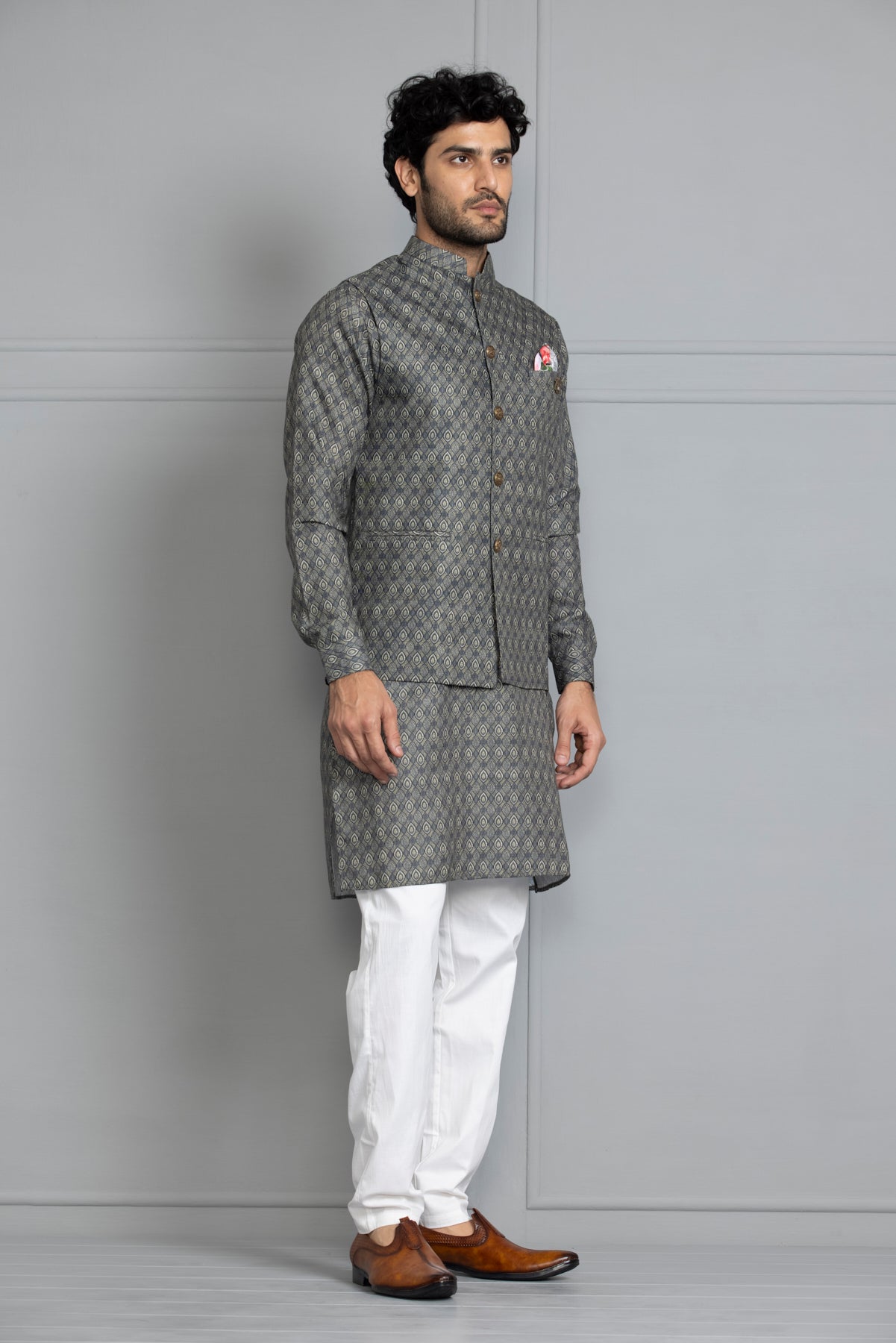 Green Printed Kurta Set Nehru Jacket