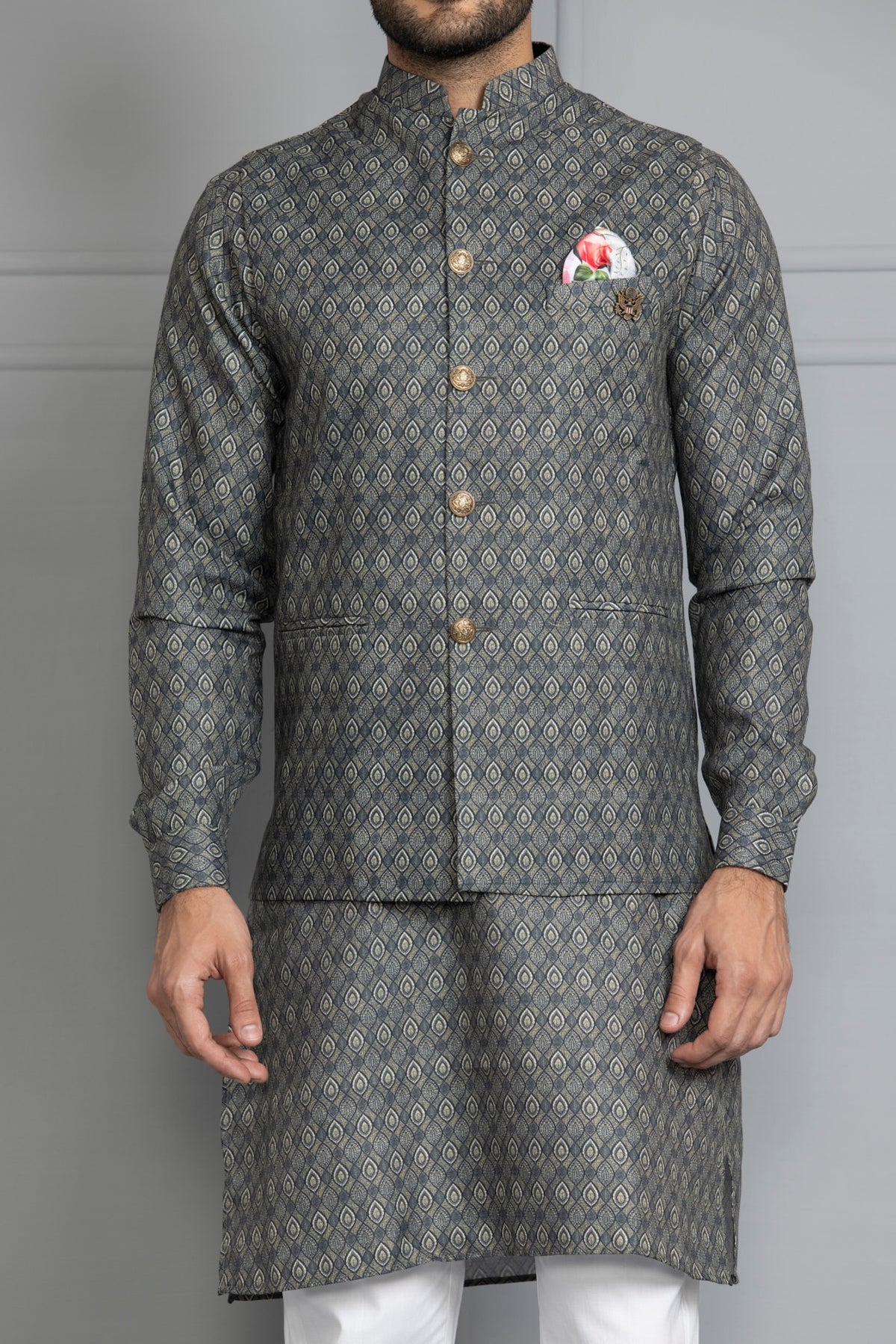 Green Printed Kurta Set Nehru Jacket