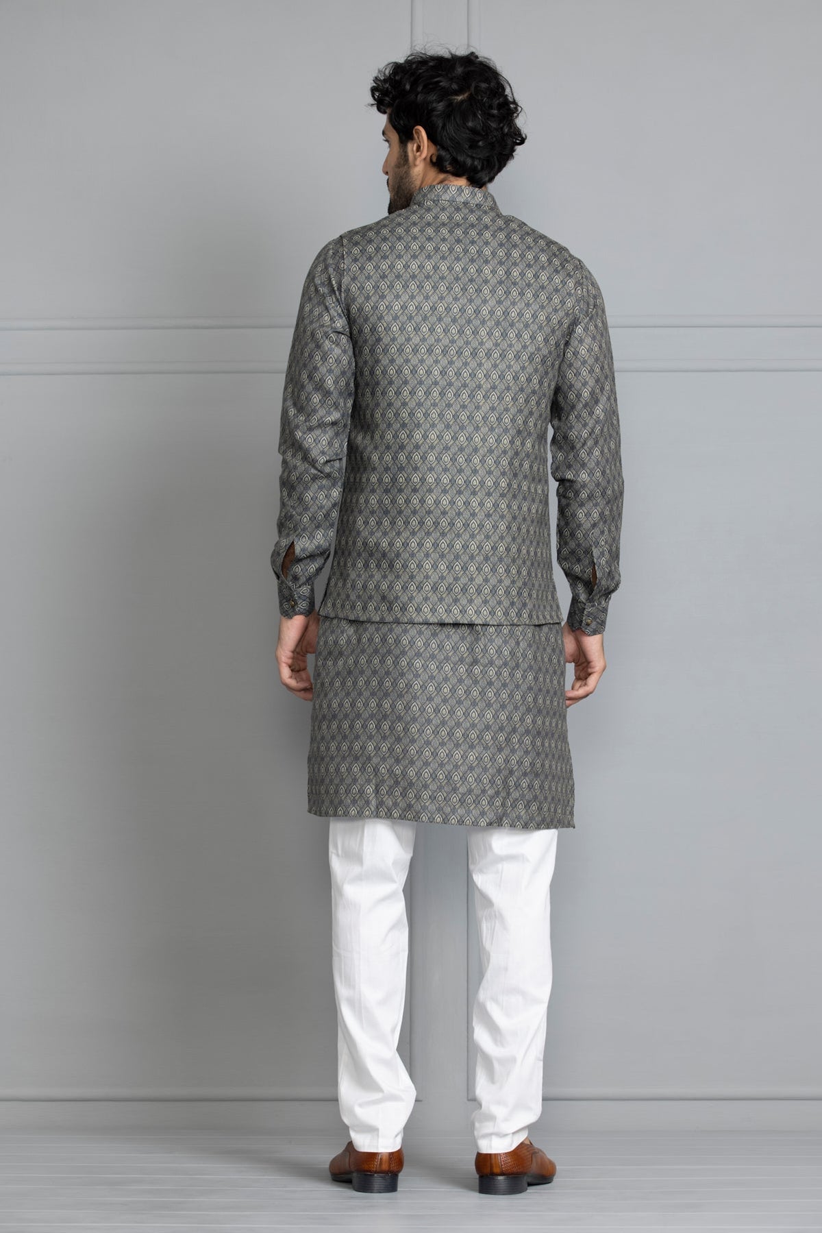 Green Printed Kurta Set Nehru Jacket