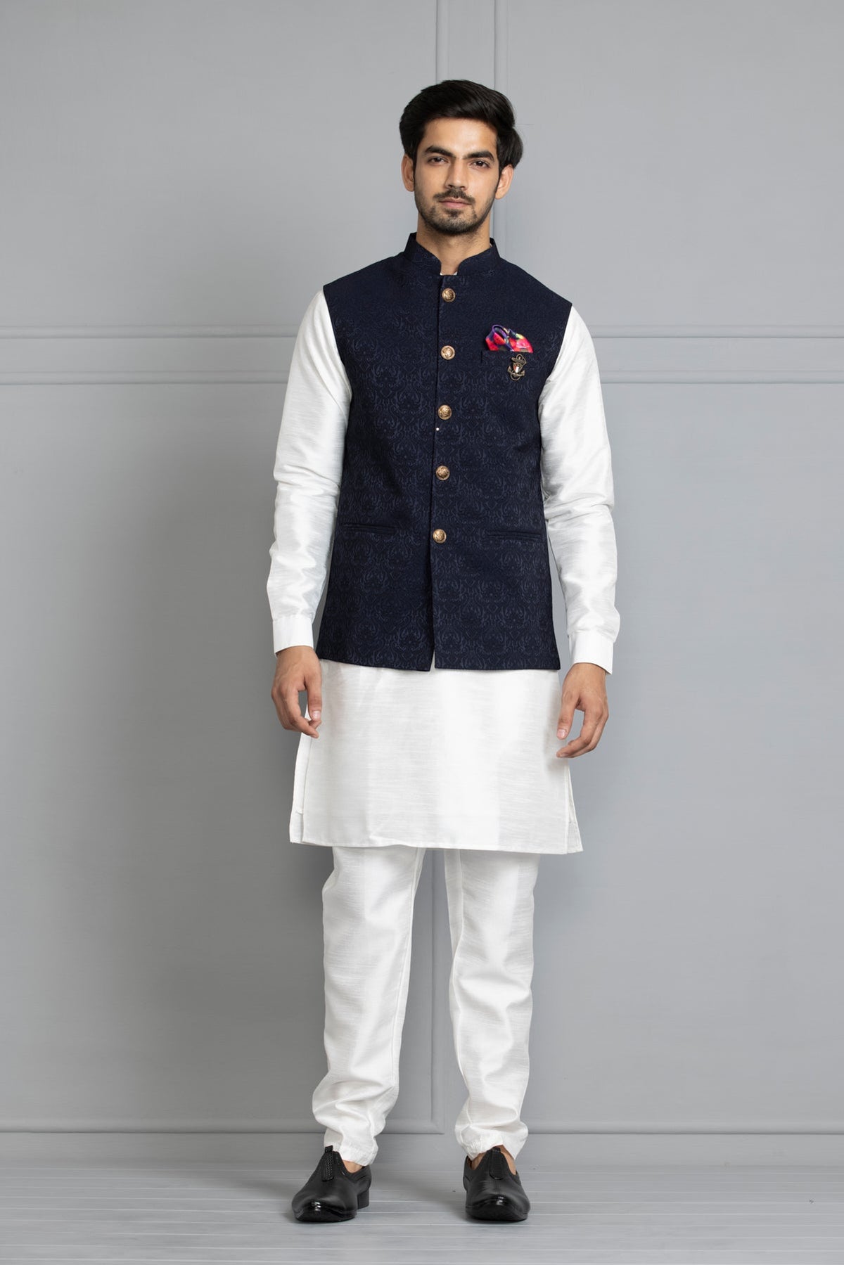 White Solid Kurta Set With Blue Nehru Jacket