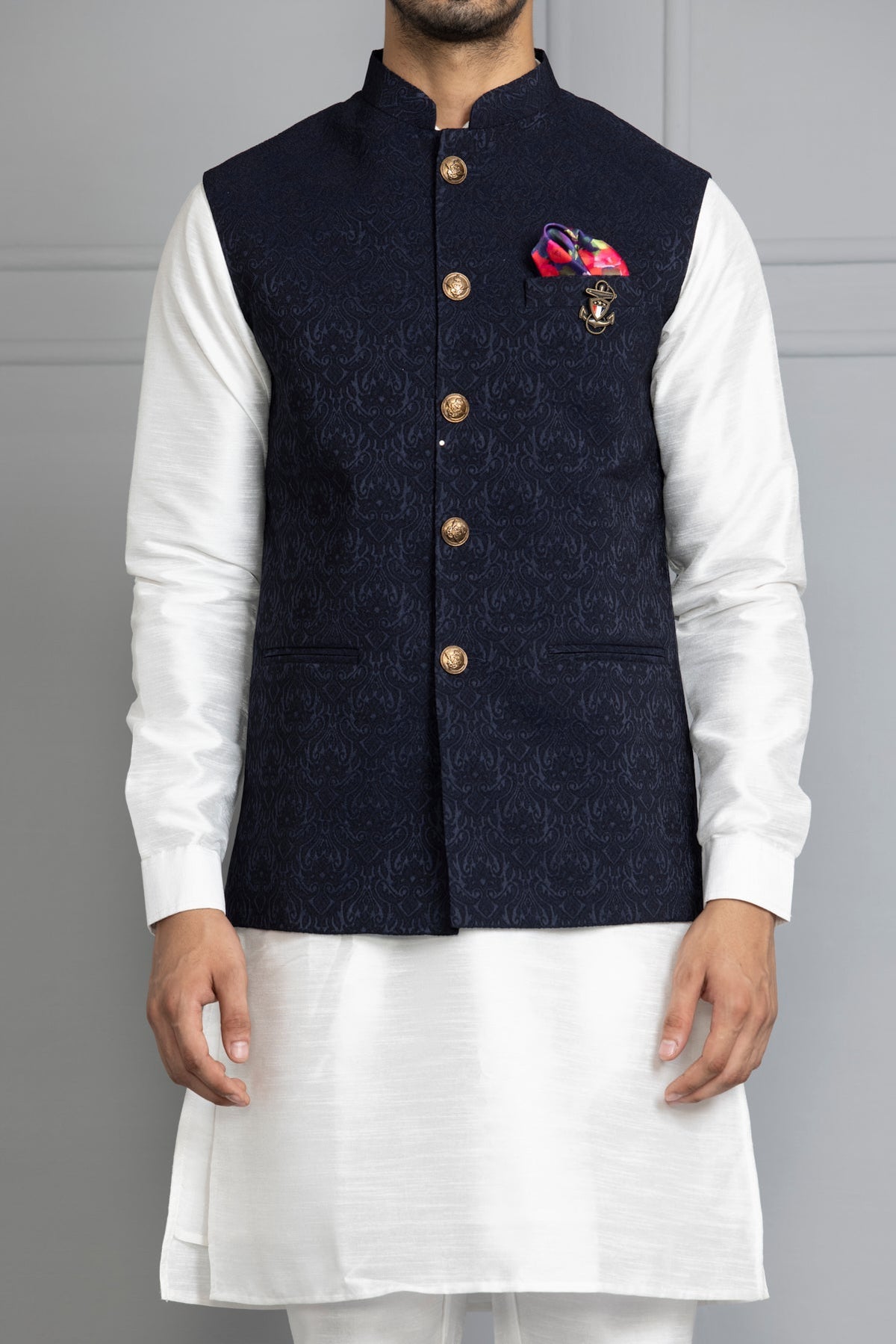 White Solid Kurta Set With Blue Nehru Jacket