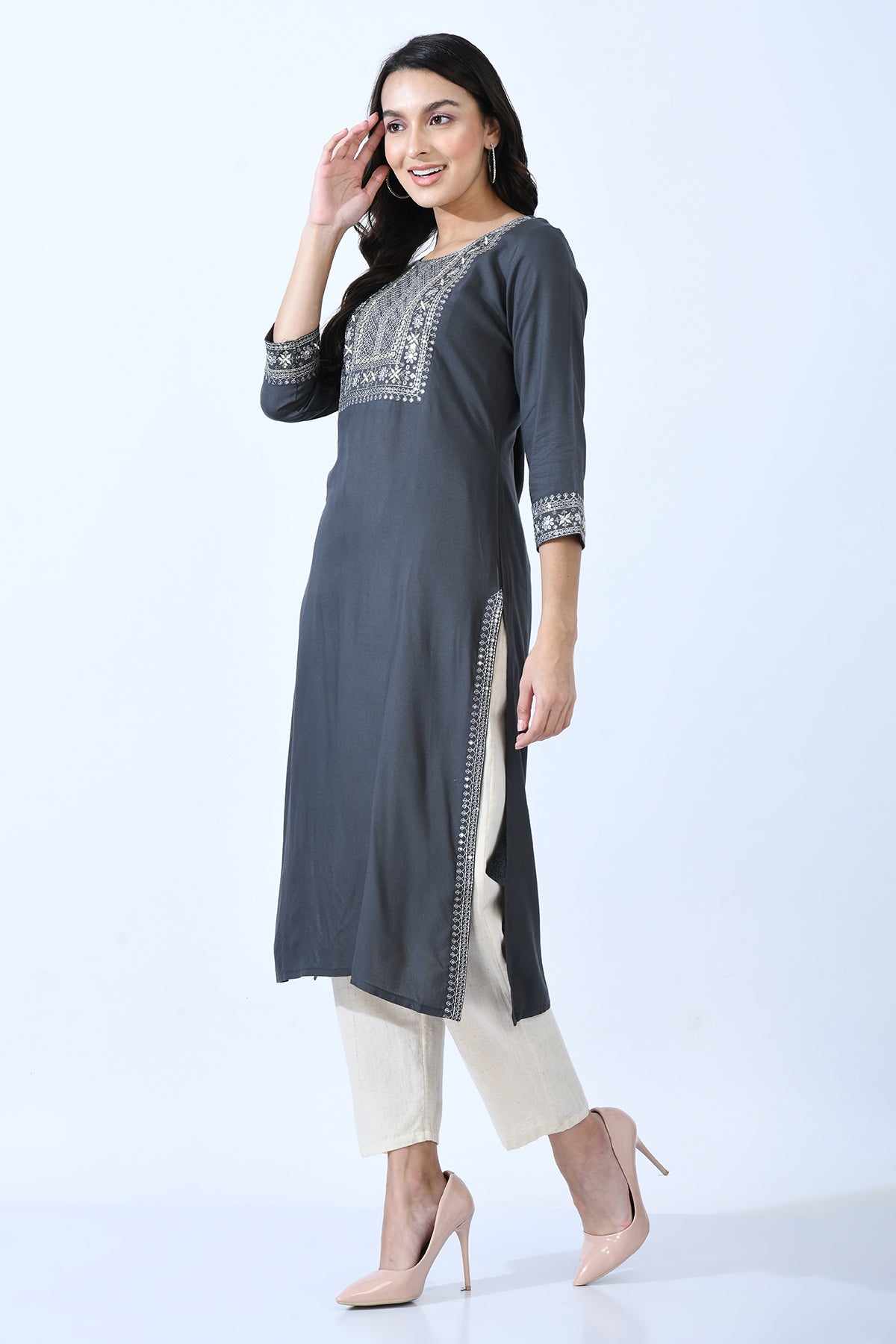 Grey Embellished Kurta