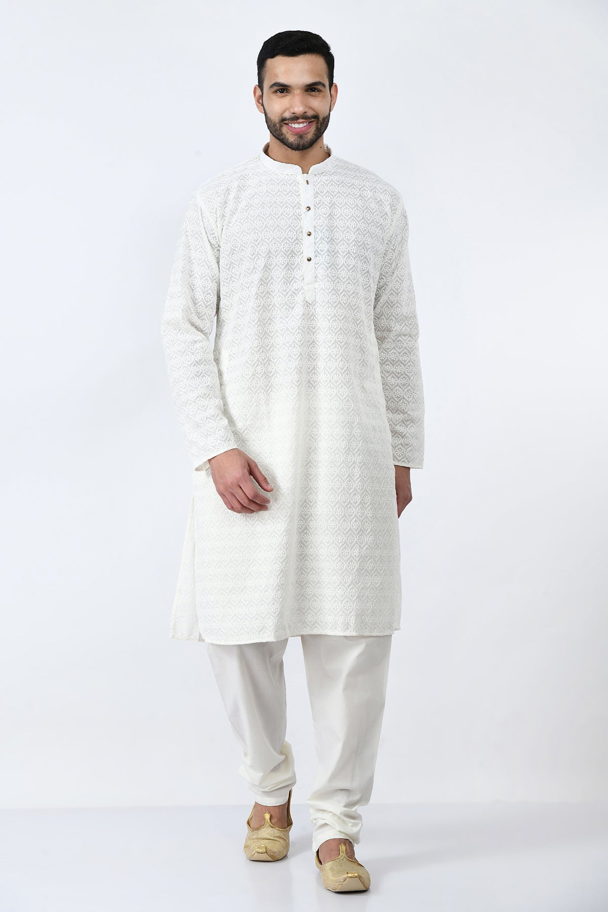 Off White Ethnic Embroidered Kurta Set