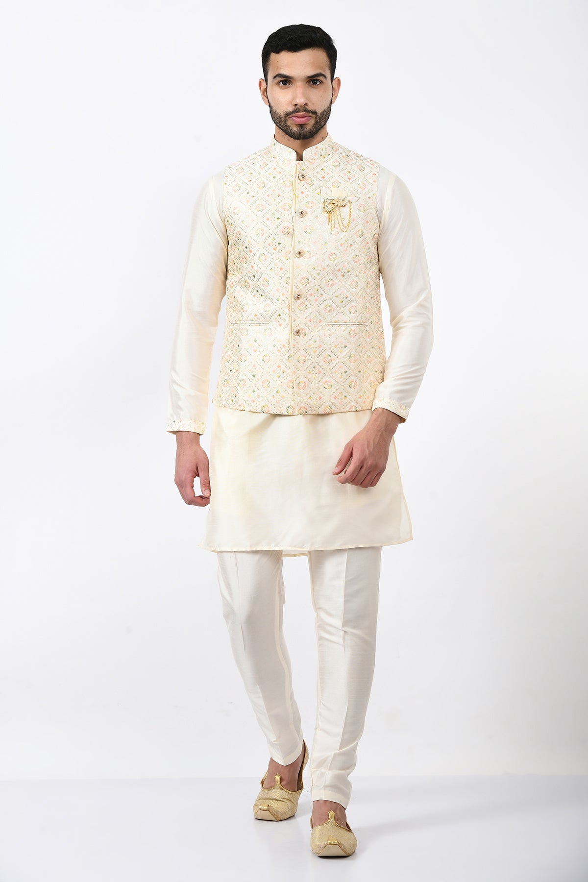 Cream-Coloured Ethnic Embellished Kurta Set