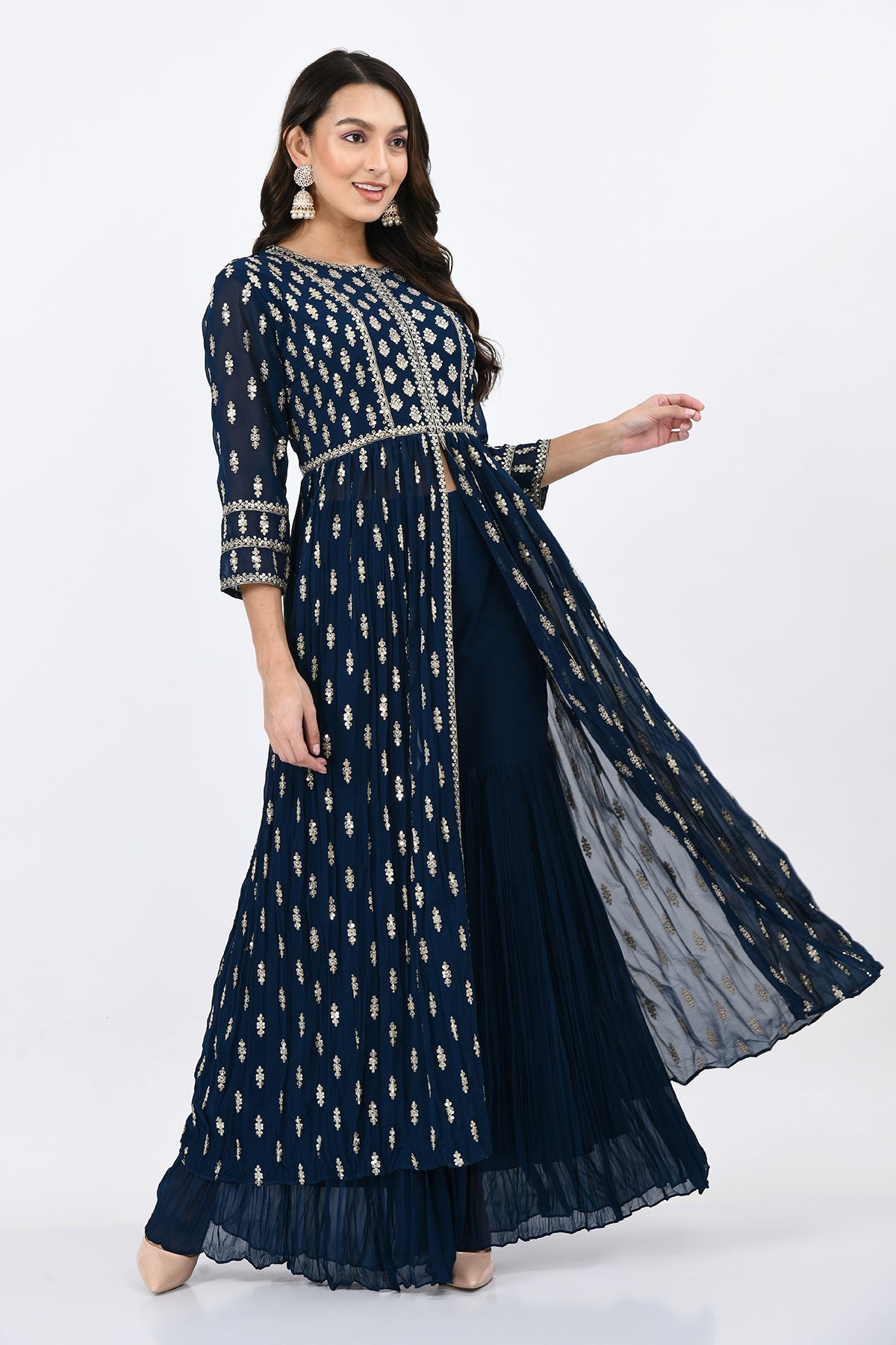 Teal Embroidered High Slit Kurta Set