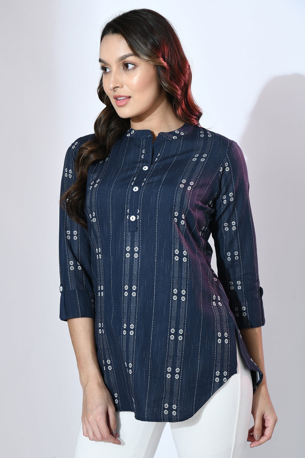Navy Blue Woven Design Straight Top