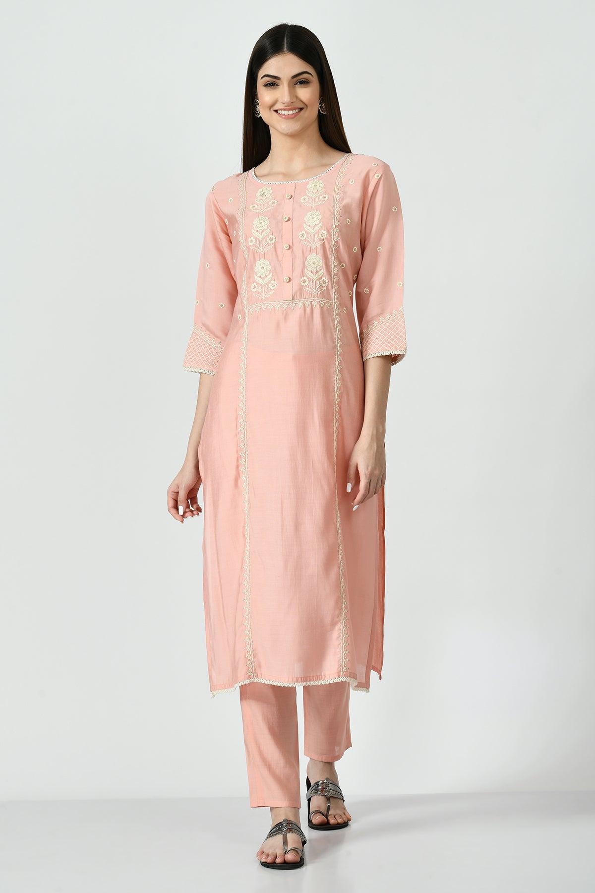 Peach Embroidered Kurta 2 Pcs Set