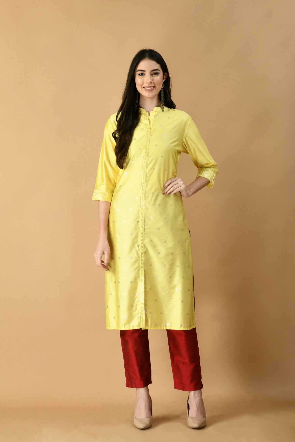 Yellow Golden Foil Print Kurta