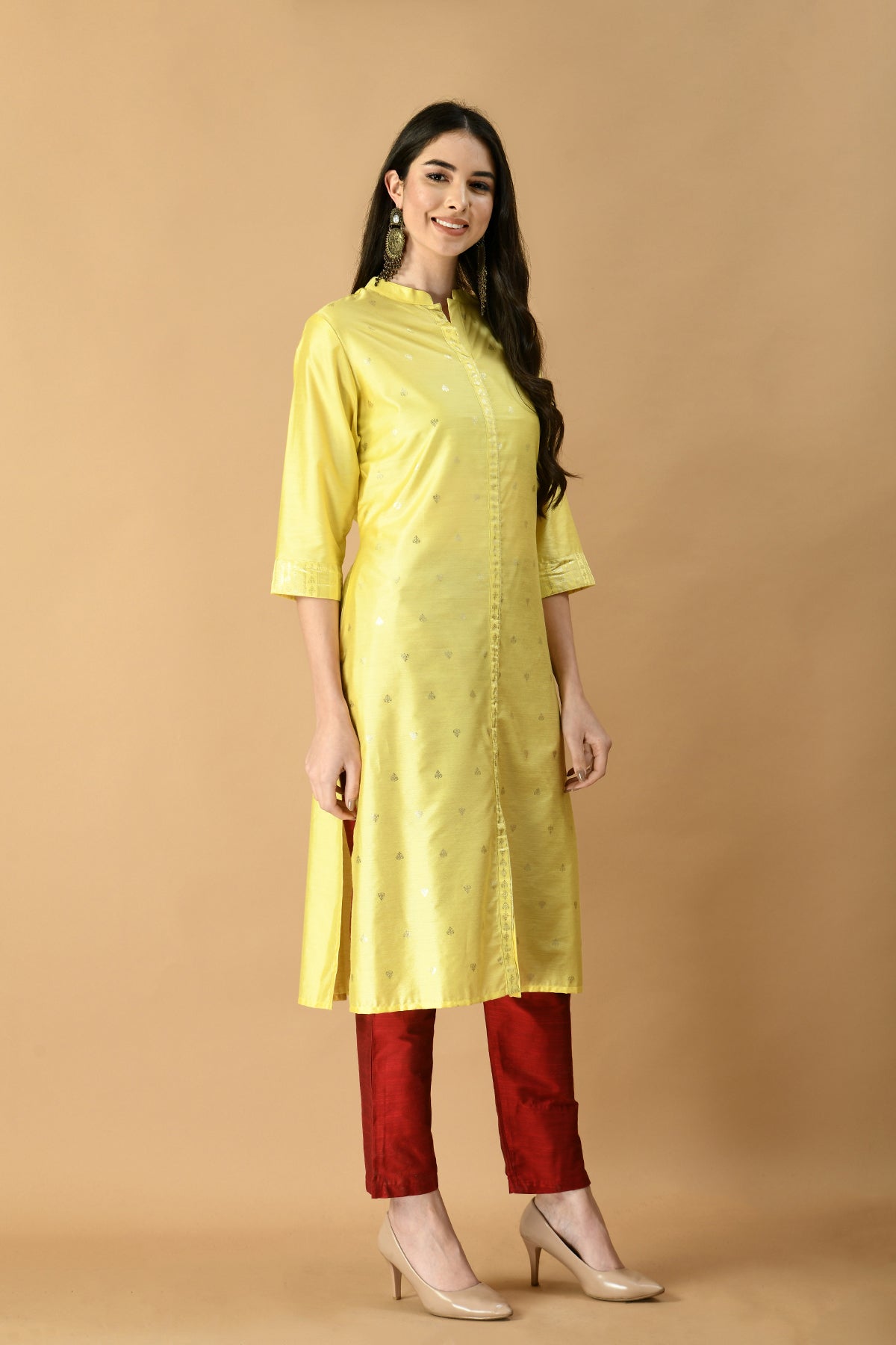 Yellow Golden Foil Print Kurta