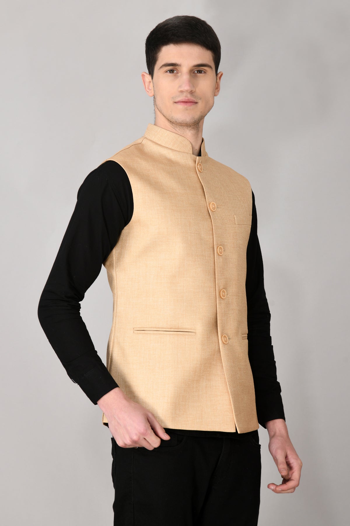 Beige Solid Woven Nehru Jacket