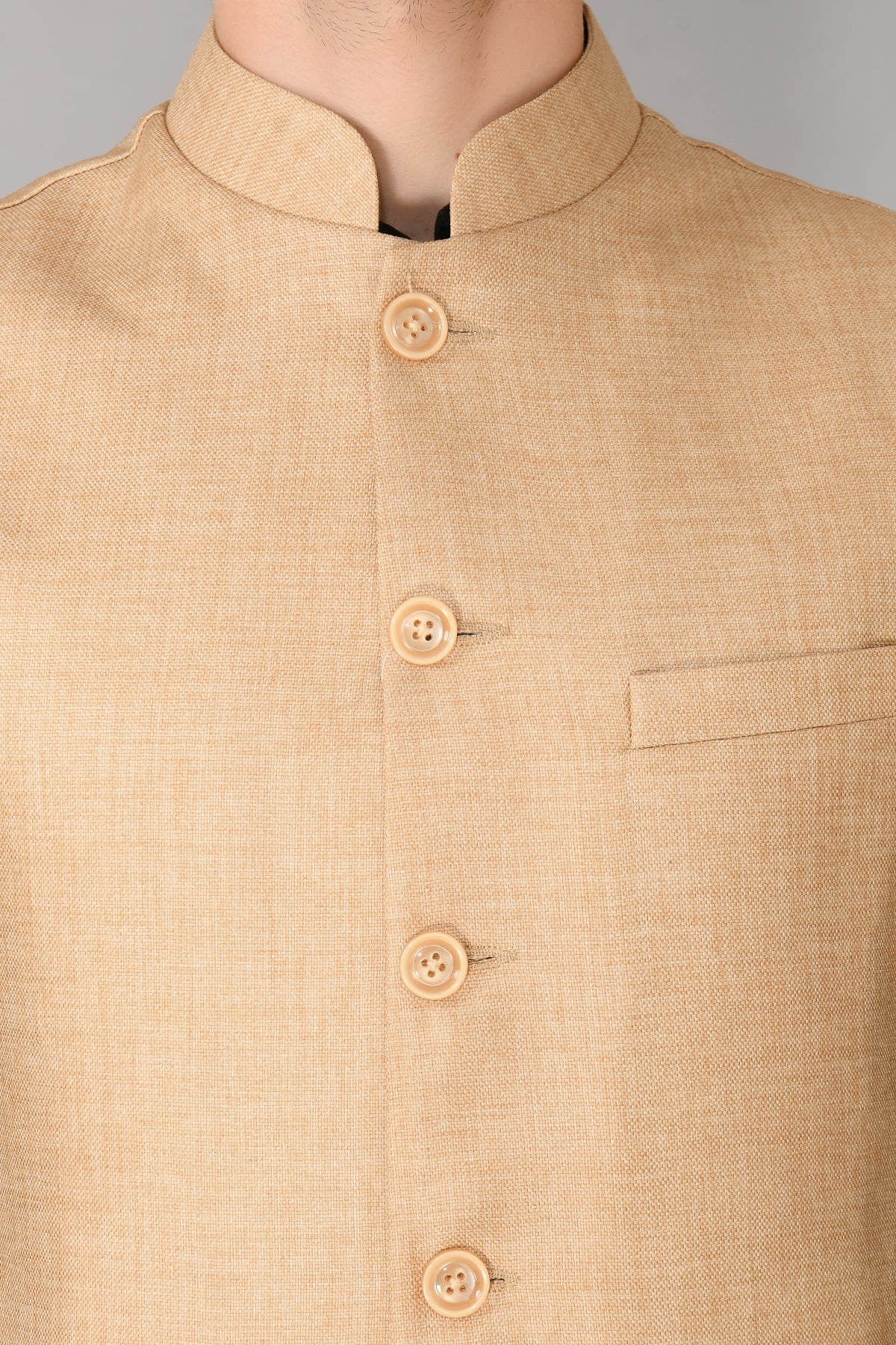 Beige Solid Woven Nehru Jacket
