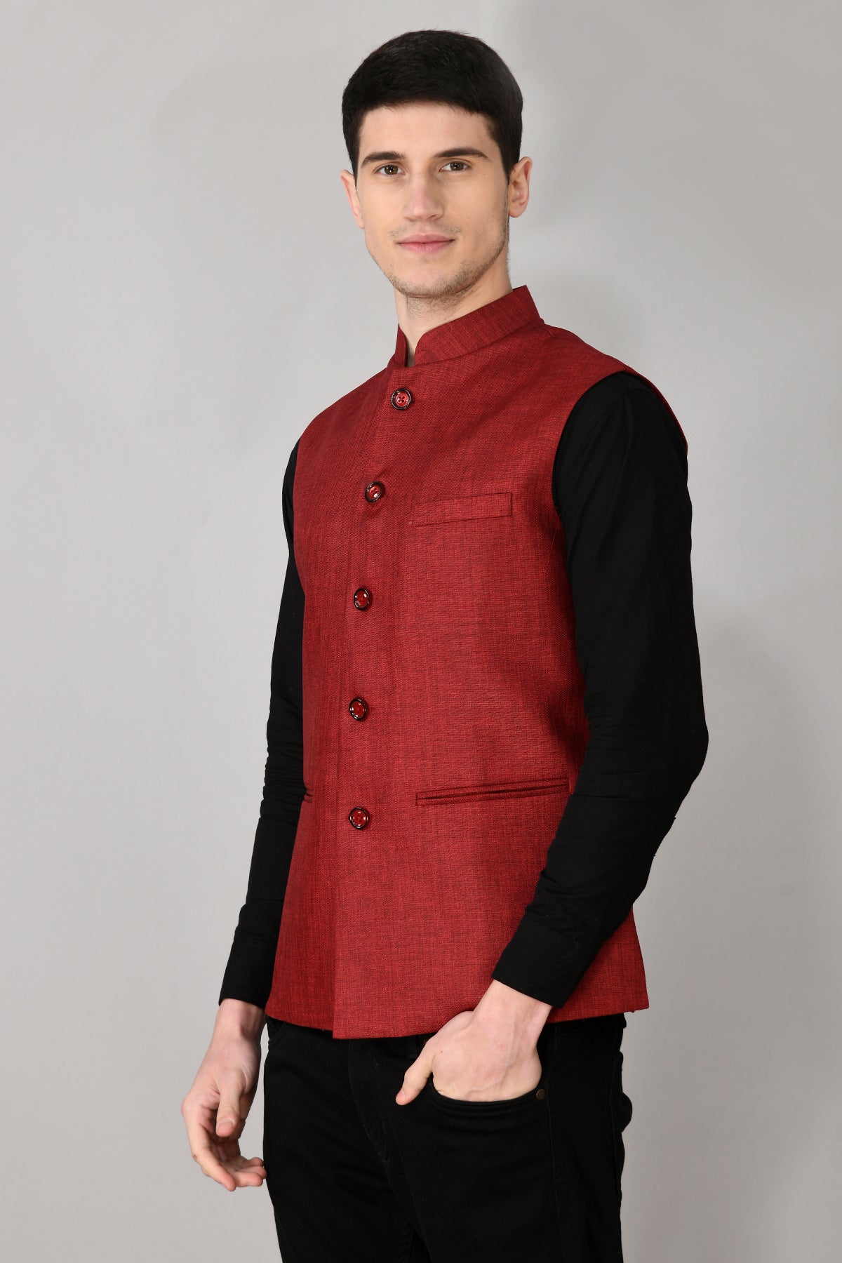 Maroon Solid Woven Nehru Jacket