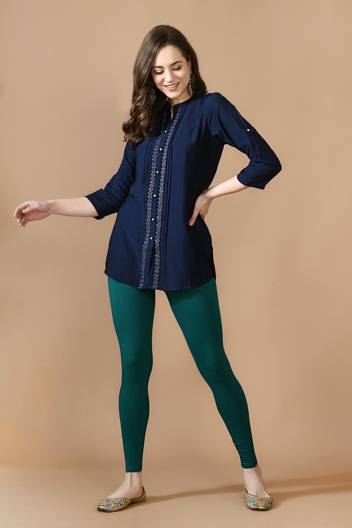 Navy Blue Floral Embroidered Top
