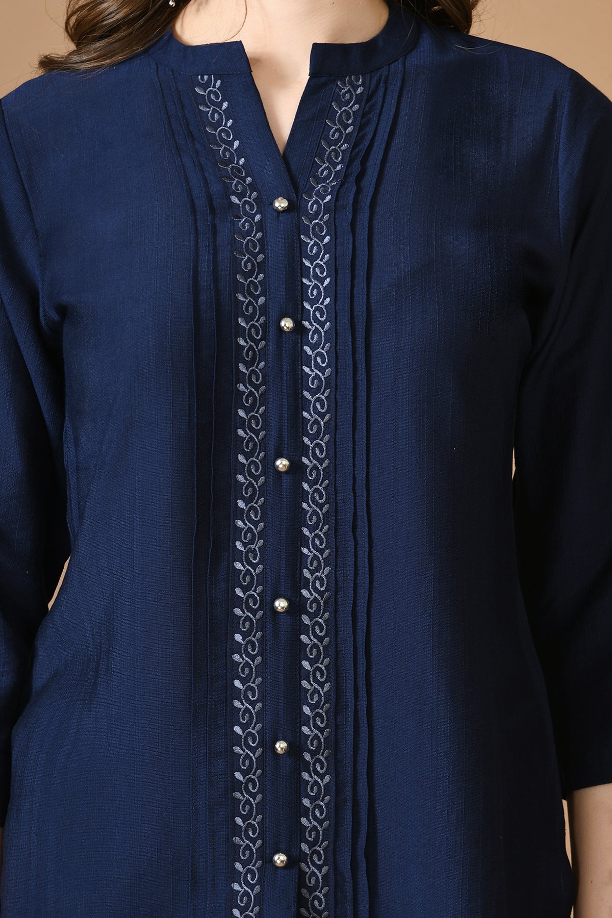 Navy Blue Floral Embroidered Top