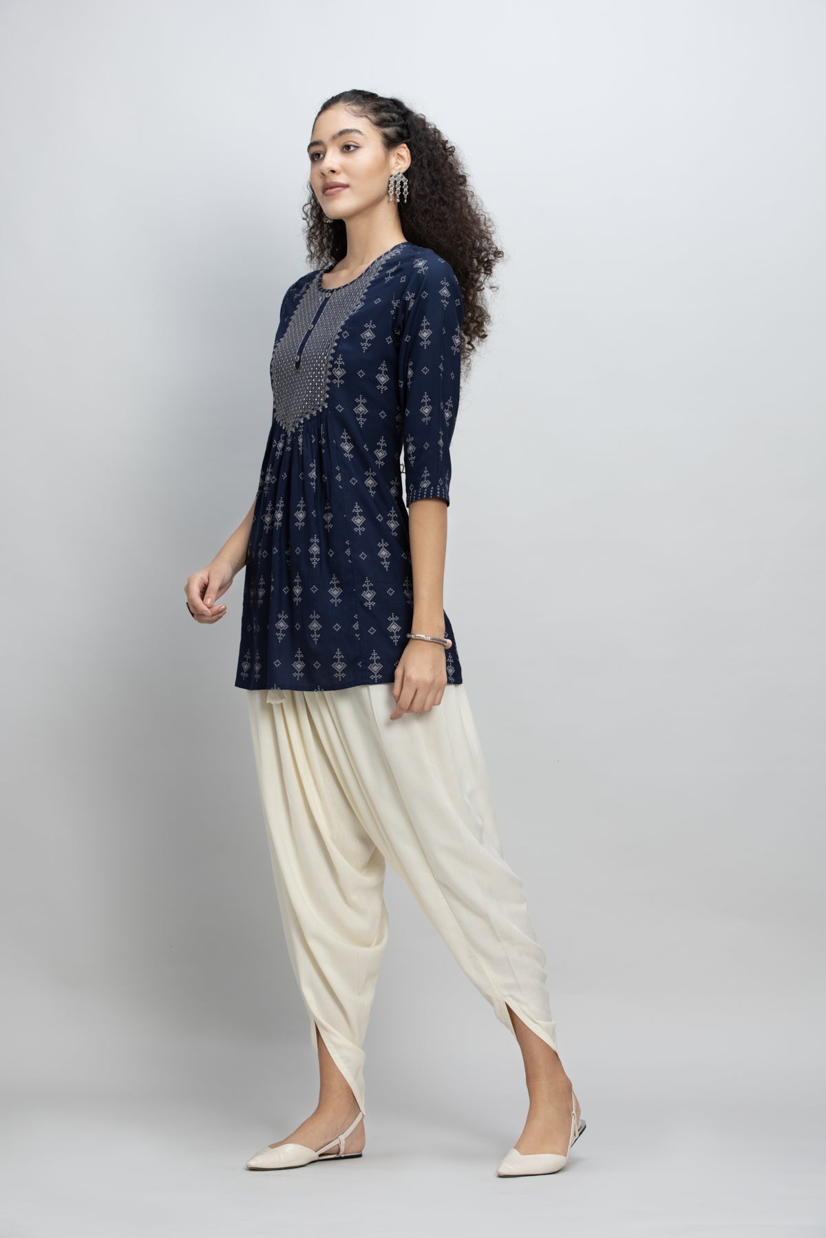 Navy Blue Embroidered A-Line Kurti