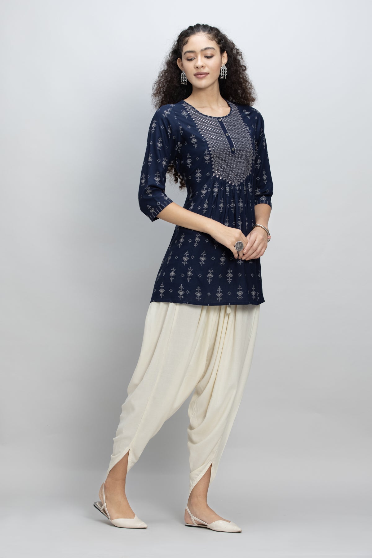 Navy Blue Embroidered A-Line Kurti
