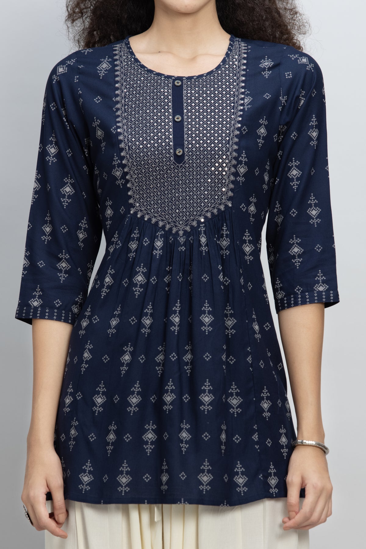 Navy Blue Embroidered A-Line Kurti