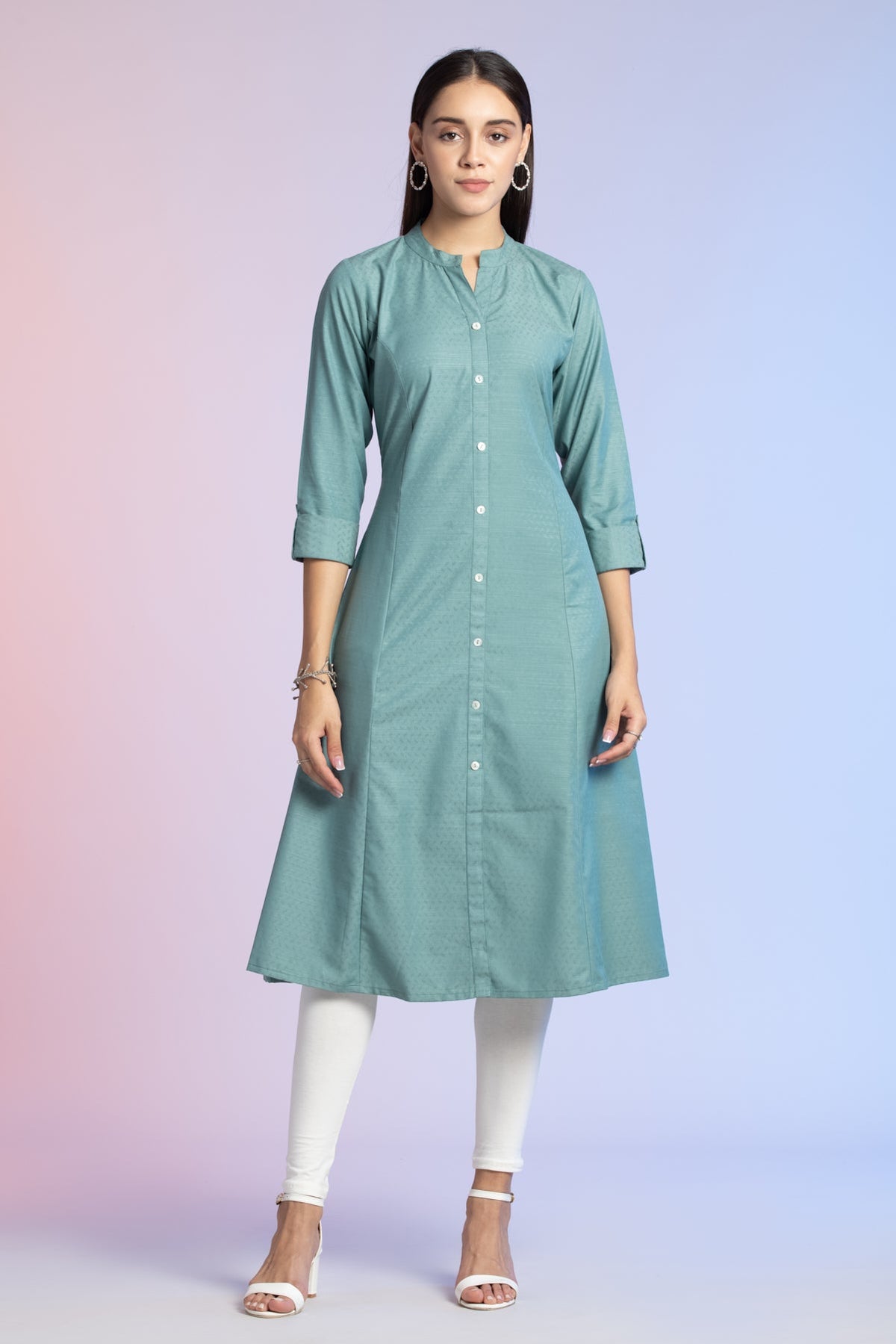 Turquoise Green Self Design Solid A Line Kurta