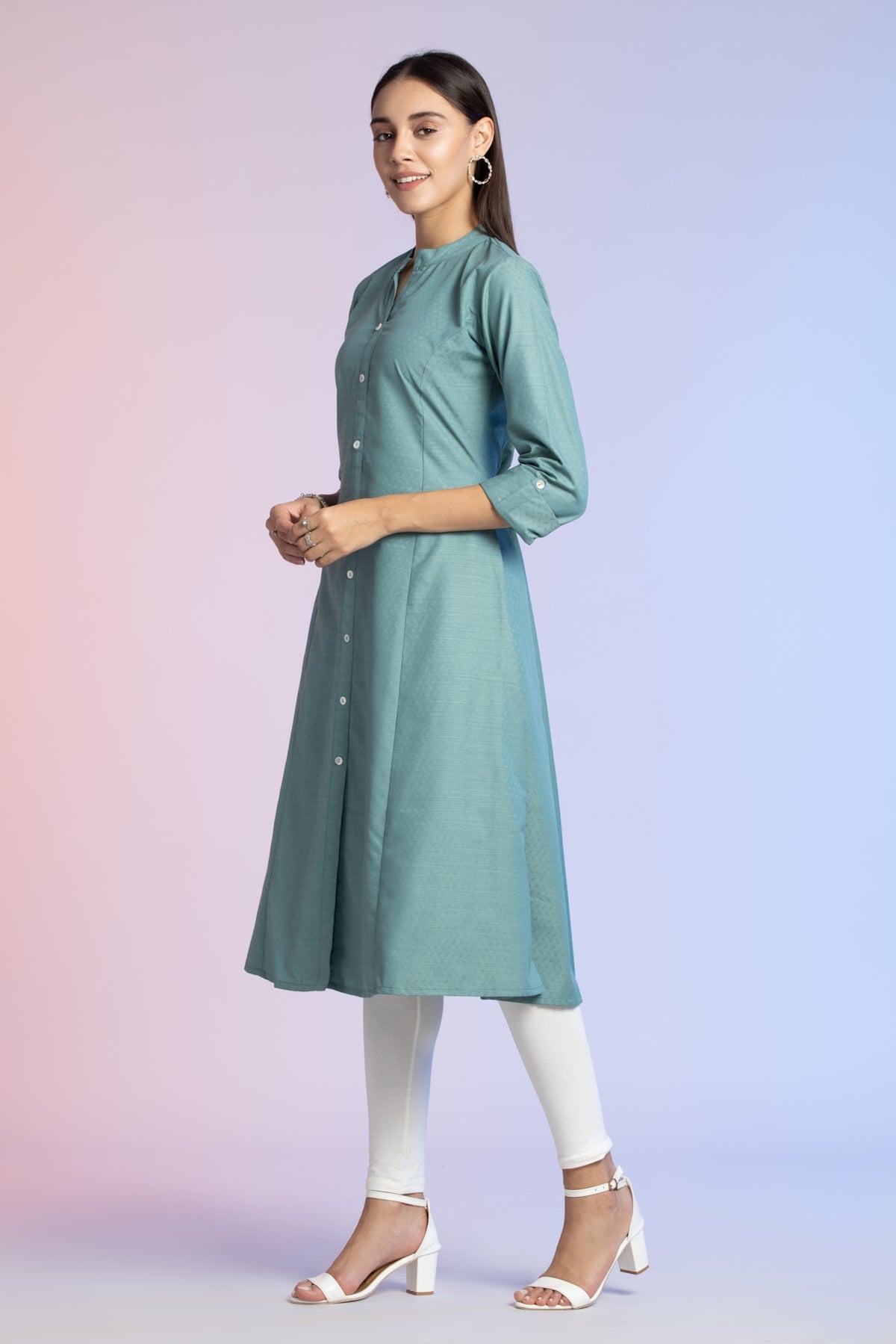 Turquoise Green Self Design Solid A Line Kurta