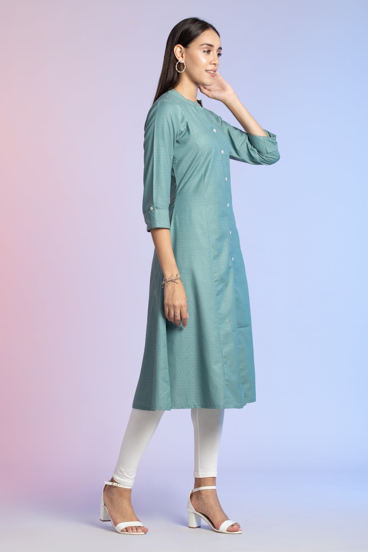 Turquoise Green Self Design Solid A Line Kurta