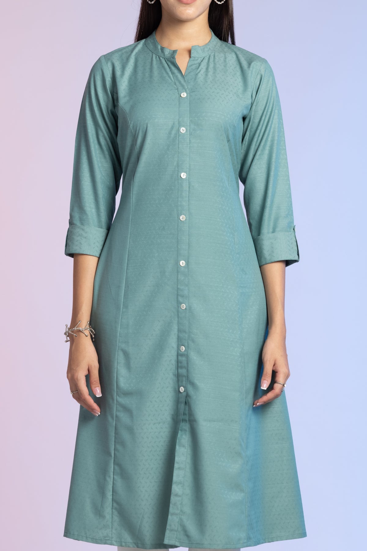 Turquoise Green Self Design Solid A Line Kurta
