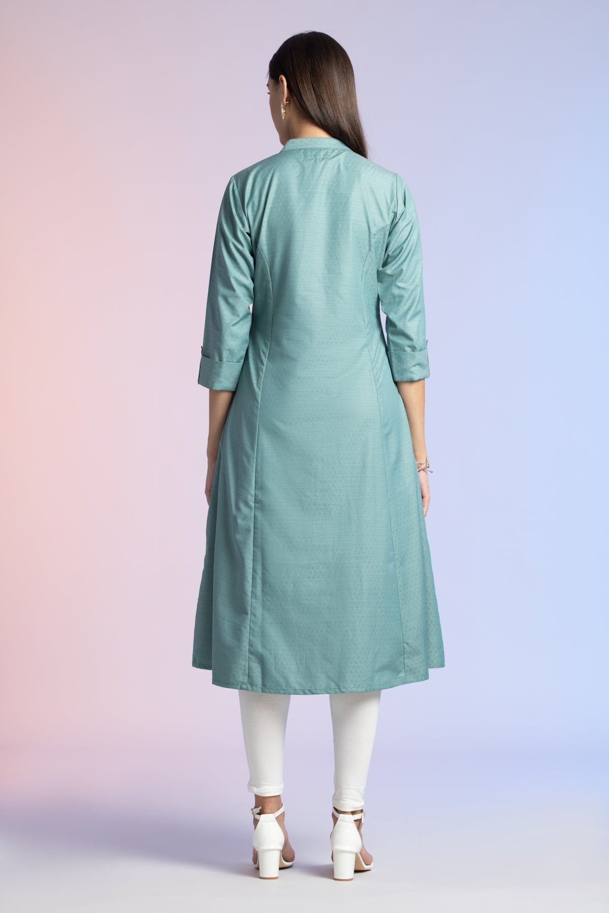 Turquoise Green Self Design Solid A Line Kurta