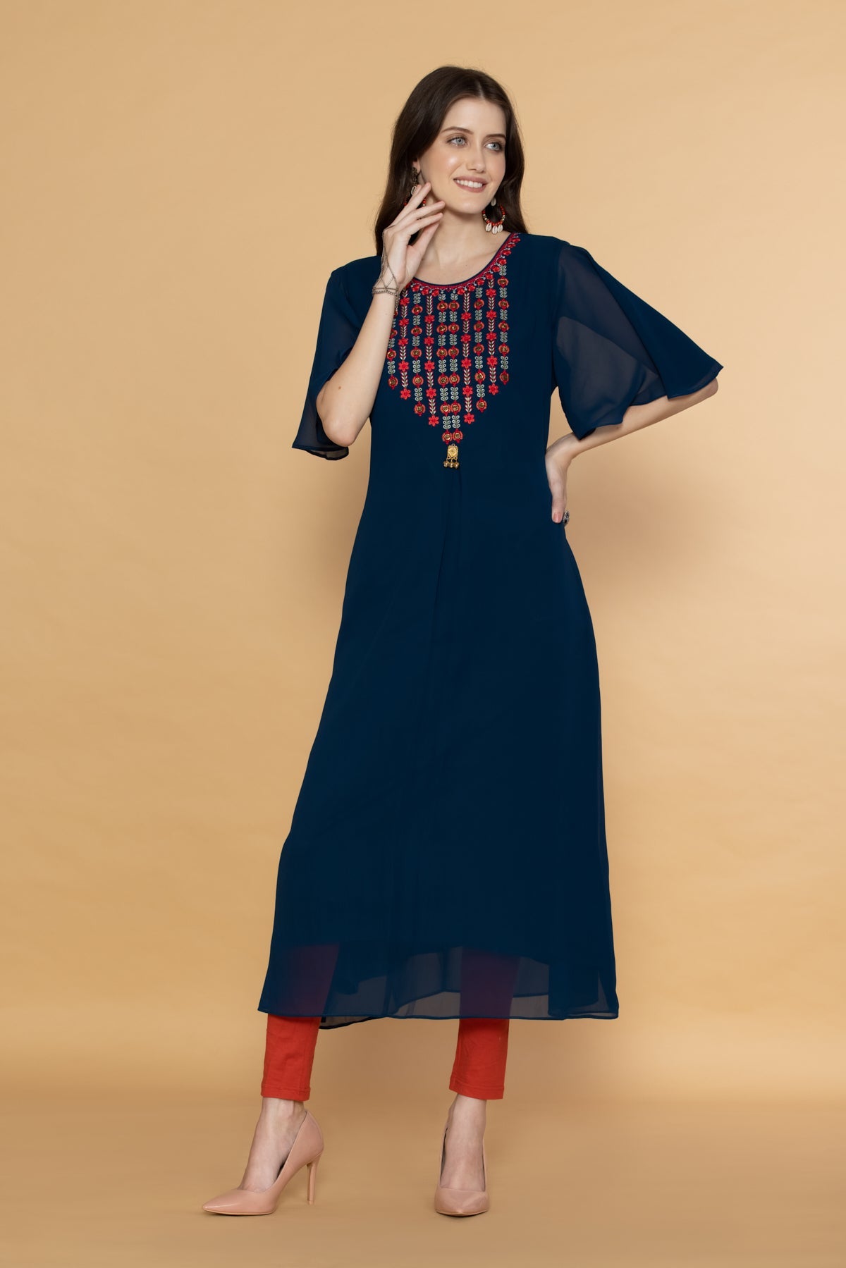 Teal Blue Yoke Embroidered Midi Dress