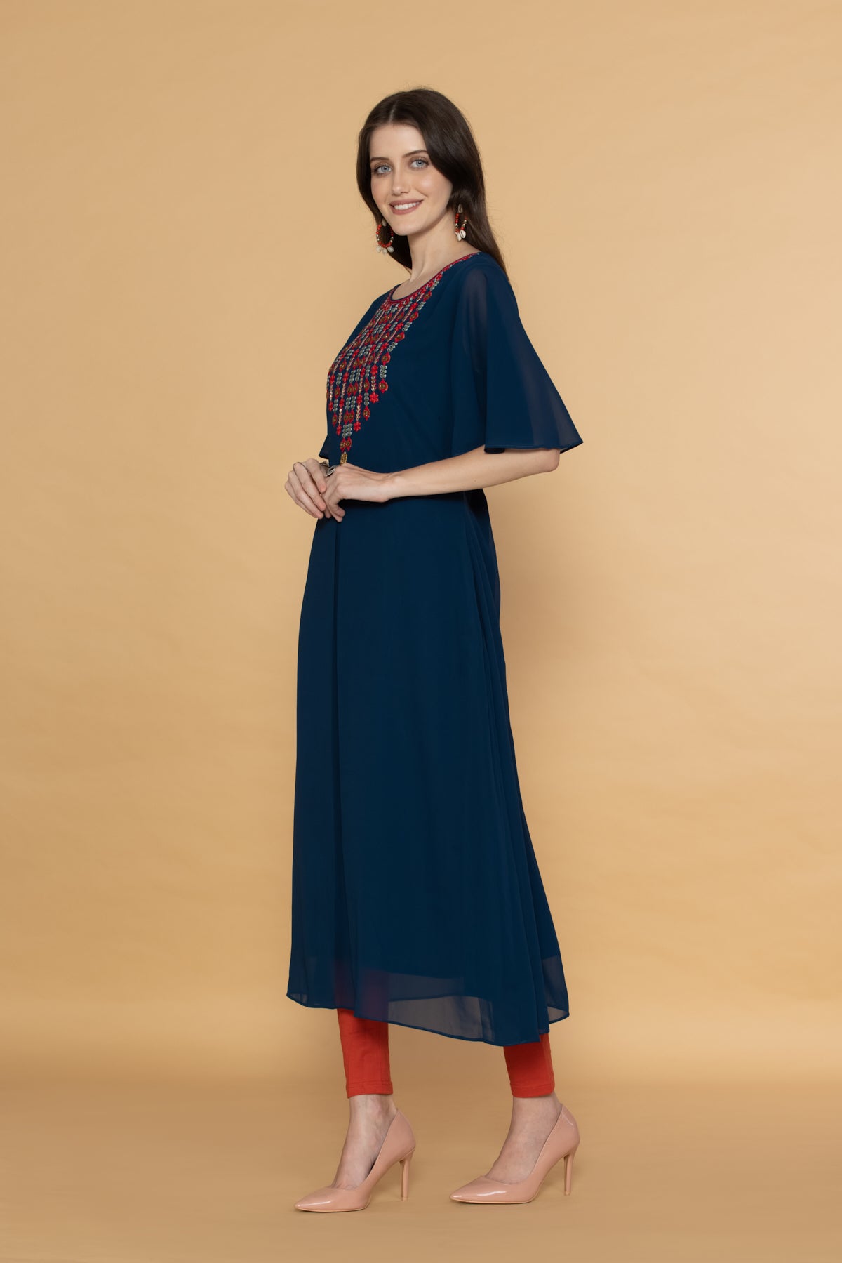 Teal Blue Yoke Embroidered Midi Dress