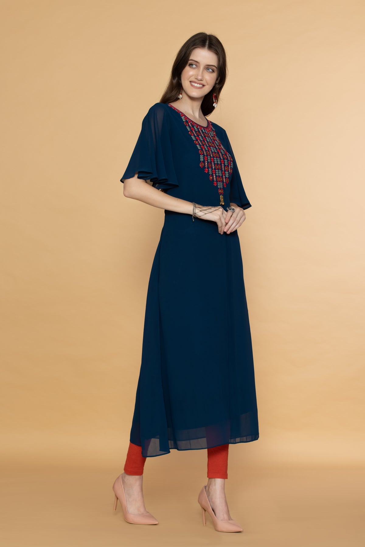 Teal Blue Yoke Embroidered Midi Dress