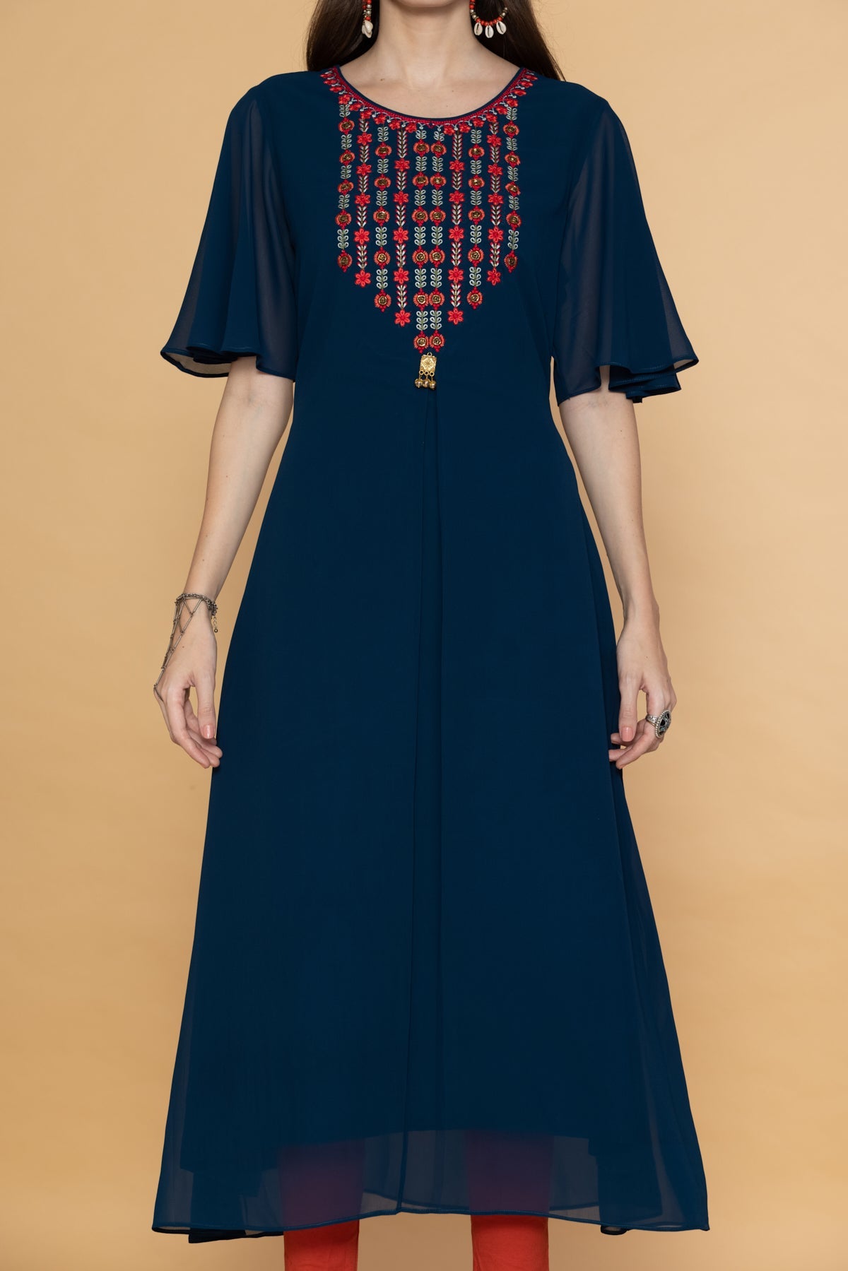 Teal Blue Yoke Embroidered Midi Dress