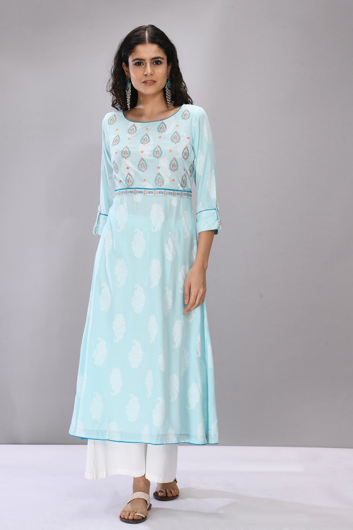 Sky Blue Embroidered Yoke Dress