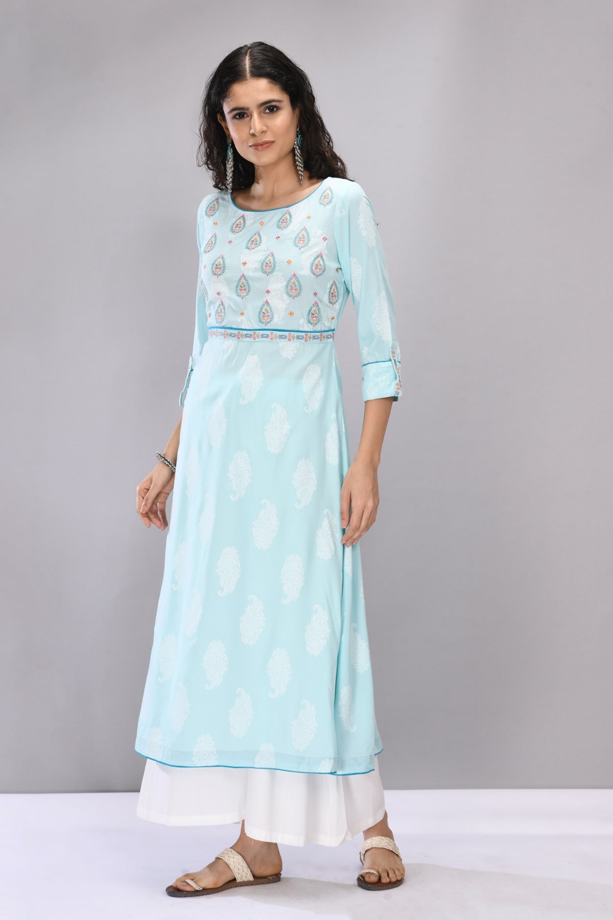 Sky Blue Embroidered Yoke Dress
