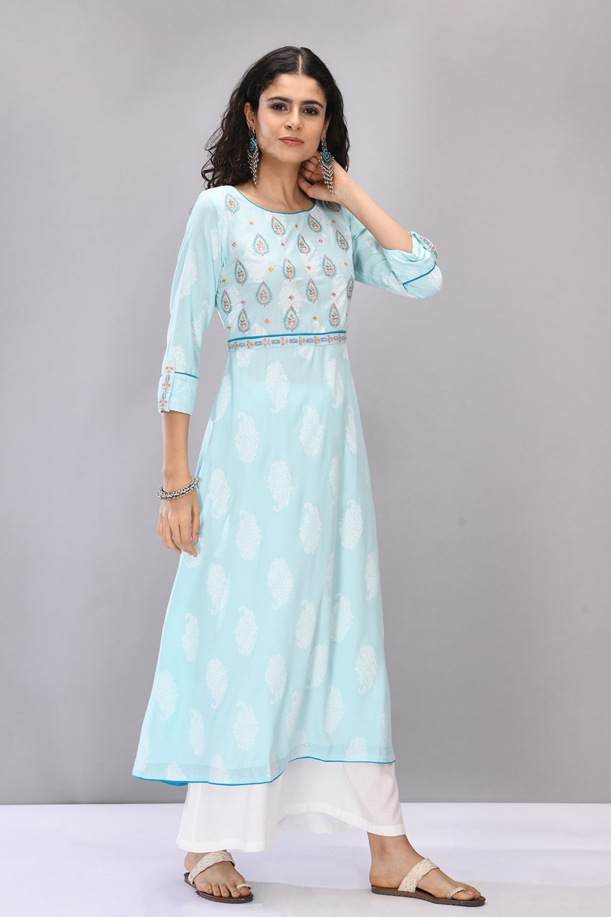 Sky Blue Embroidered Yoke Dress