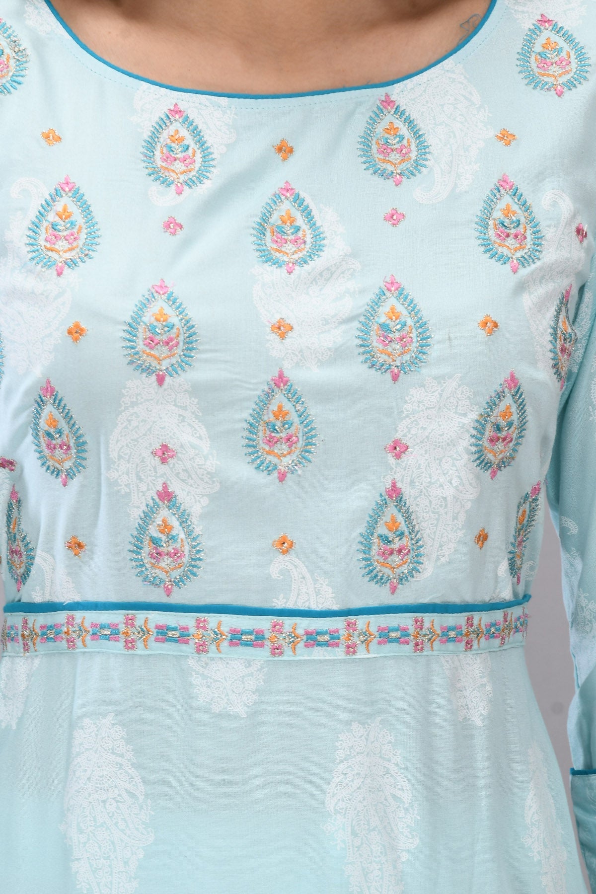 Sky Blue Embroidered Yoke Dress