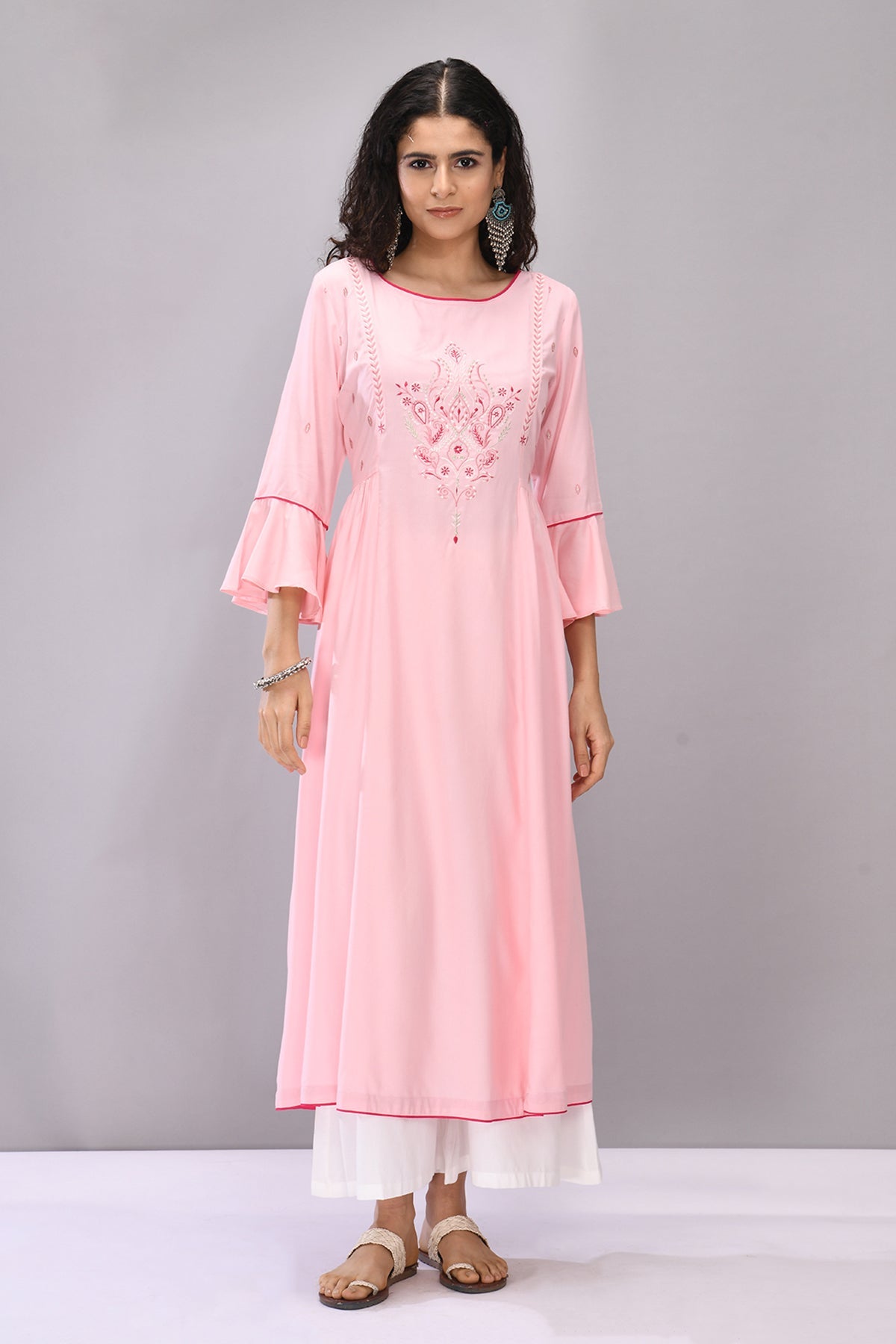 Pink Yoke Embroidered Dress