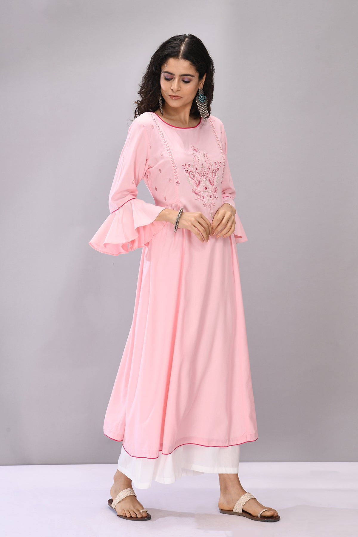 Pink Yoke Embroidered Dress
