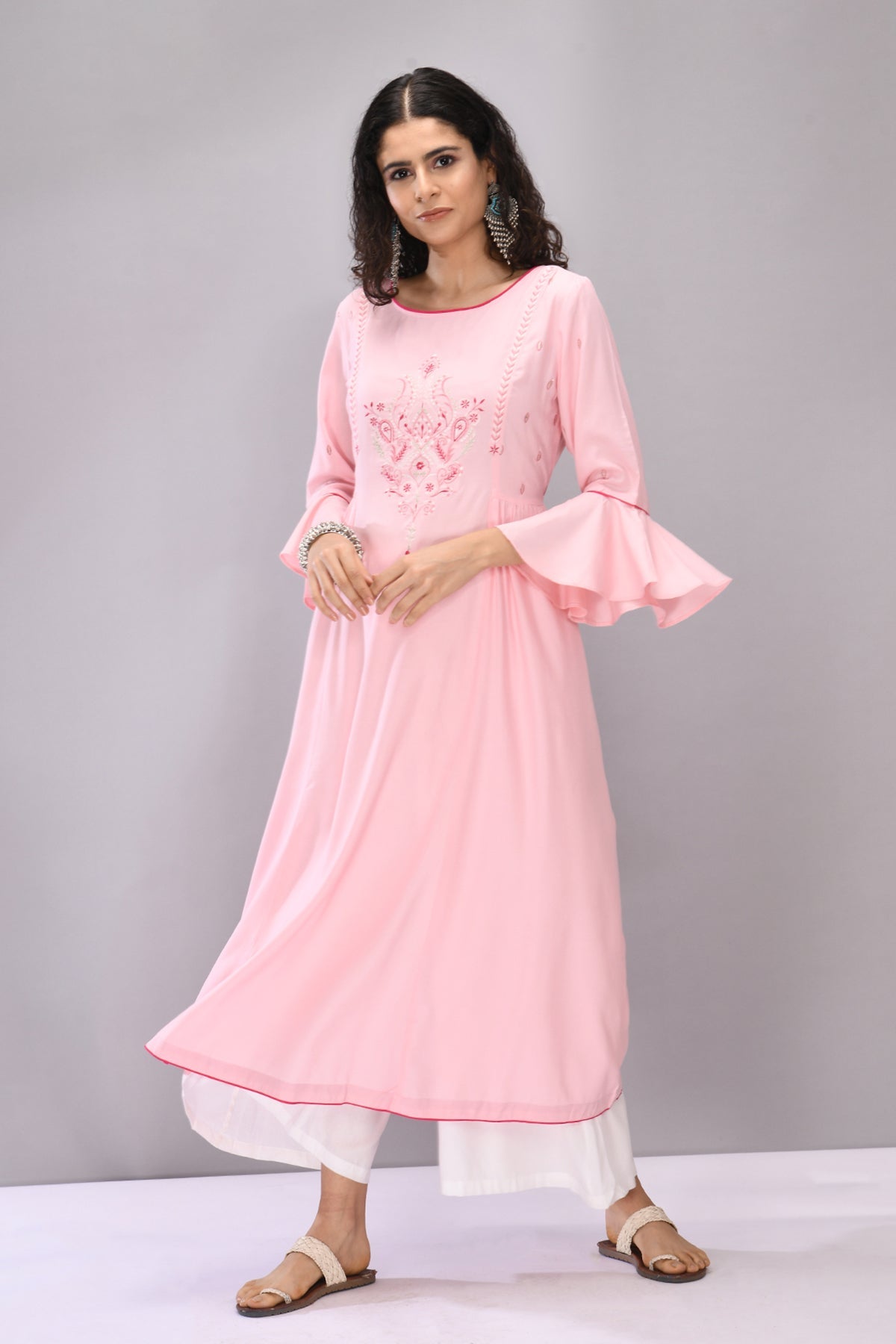 Pink Yoke Embroidered Dress