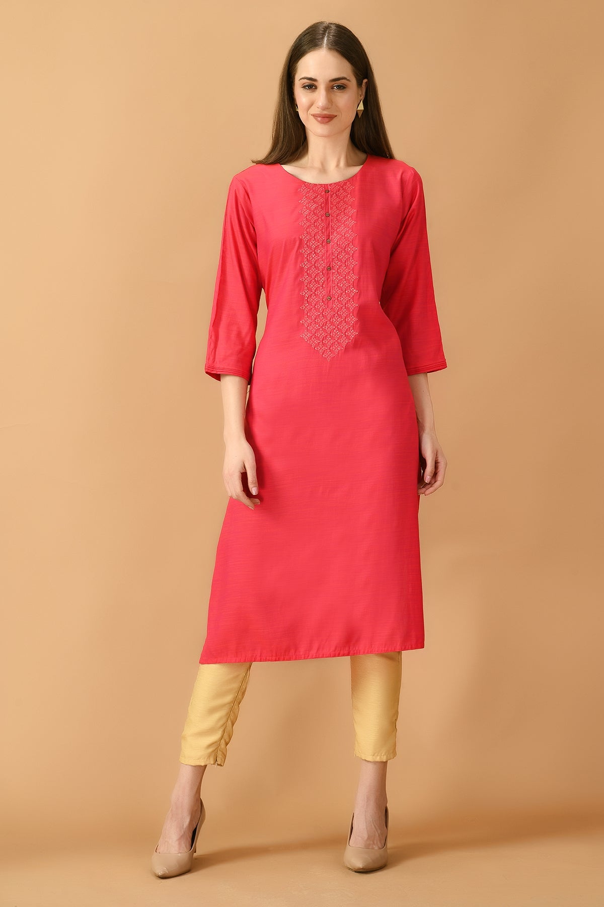 Pink Straight Embroidered Kurta