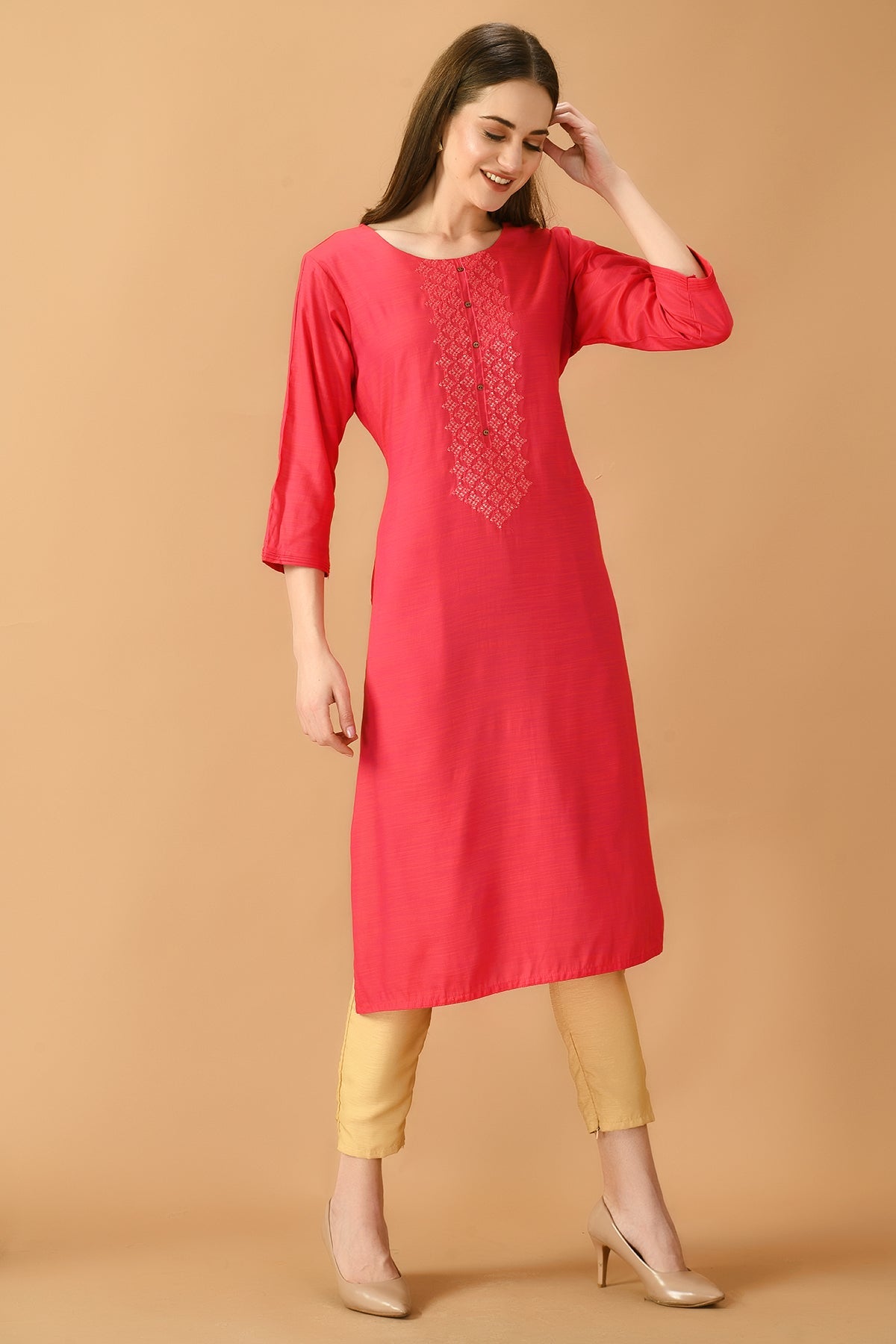 Pink Straight Embroidered Kurta