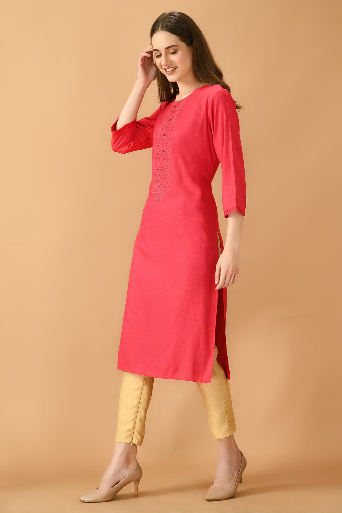 Pink Straight Embroidered Kurta