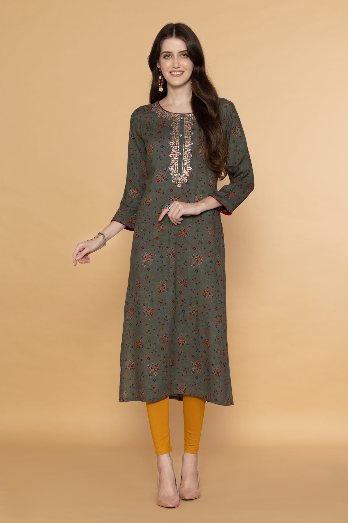 Grey Yoke Embroidered Kurta