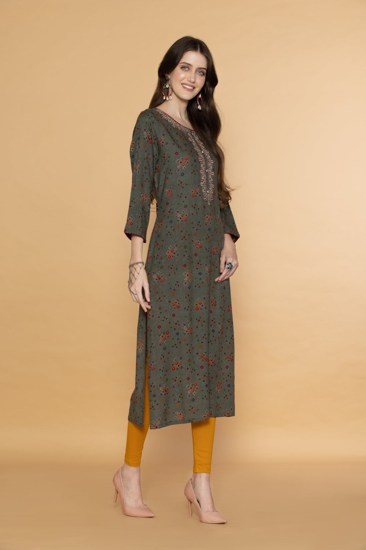 Grey Yoke Embroidered Kurta
