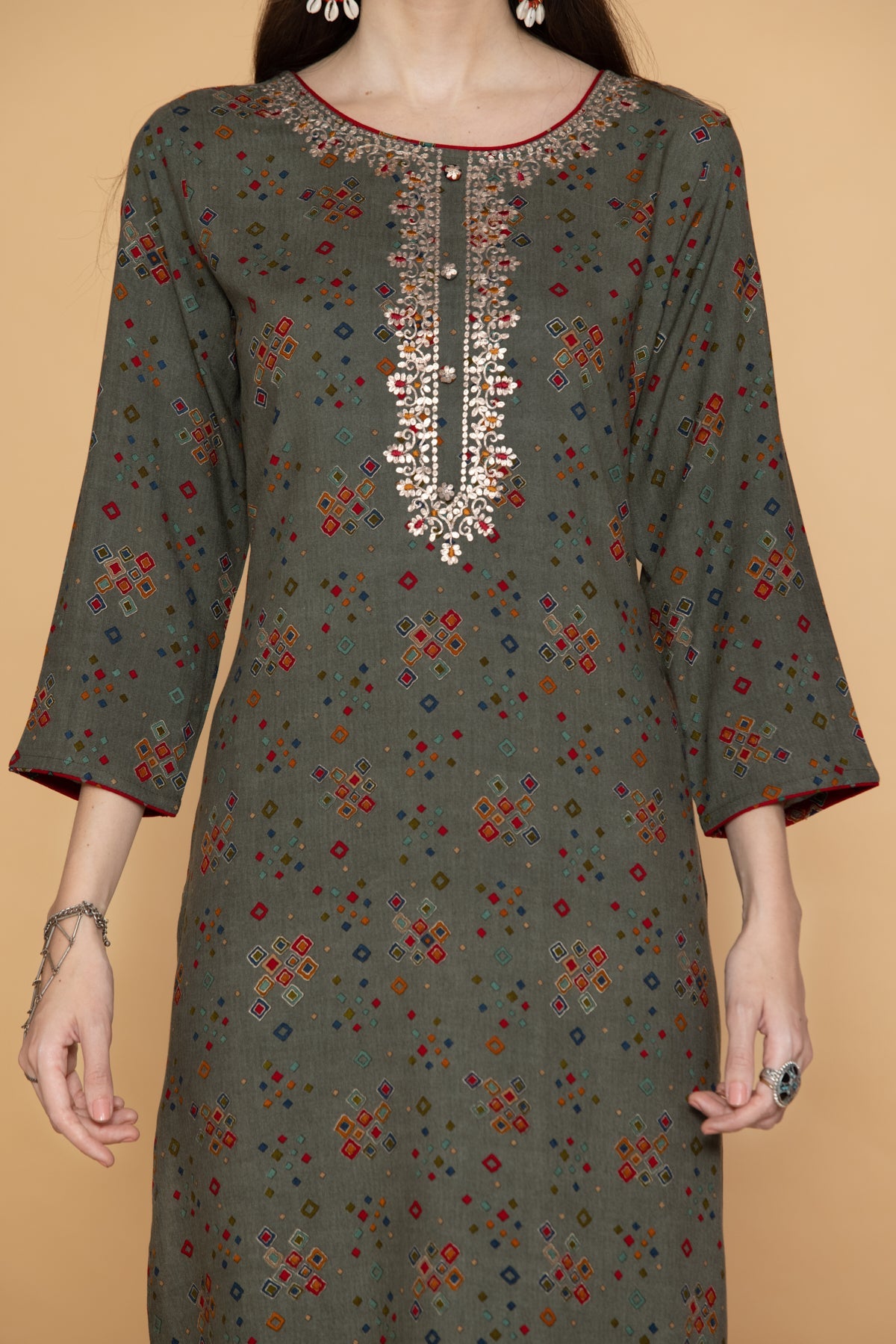 Grey Yoke Embroidered Kurta