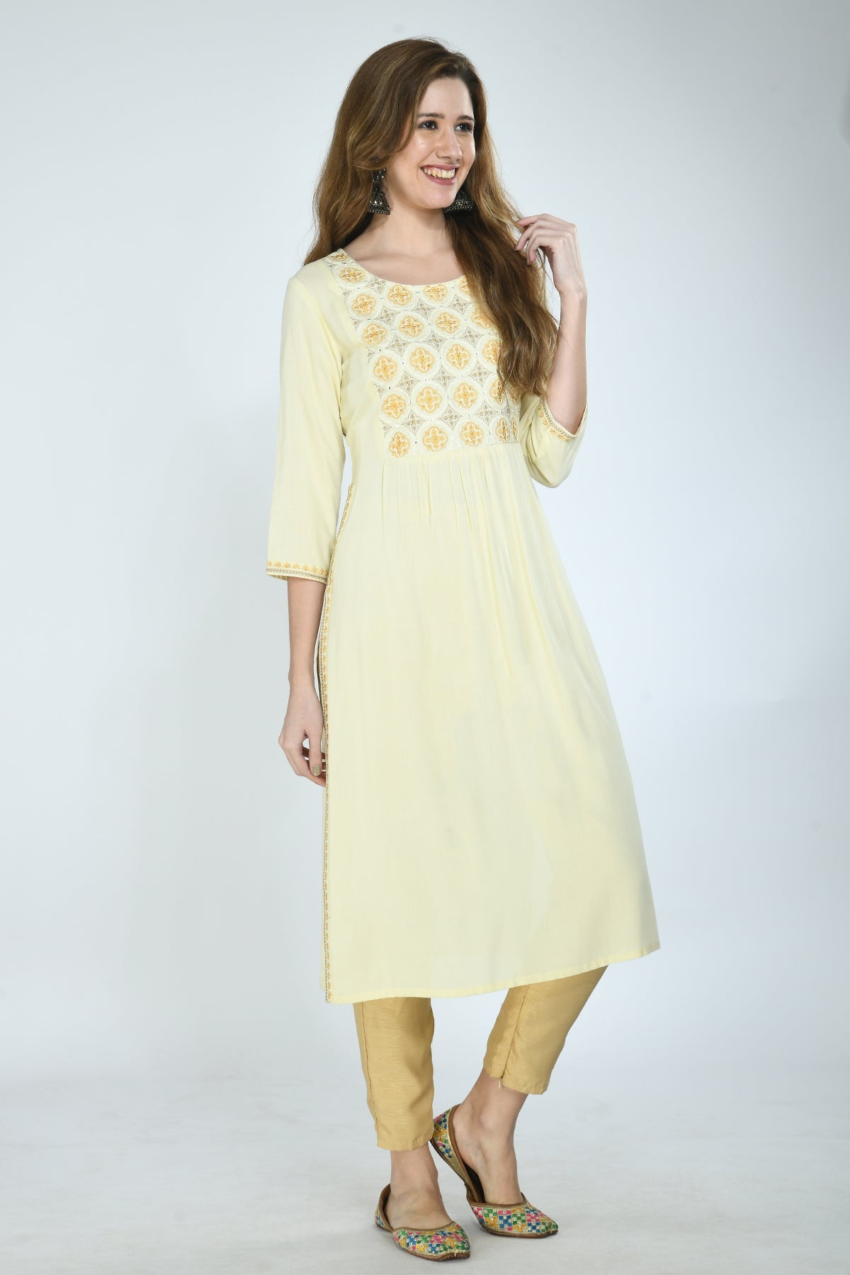 Yellow Floral Yoke Embroidered Kurta