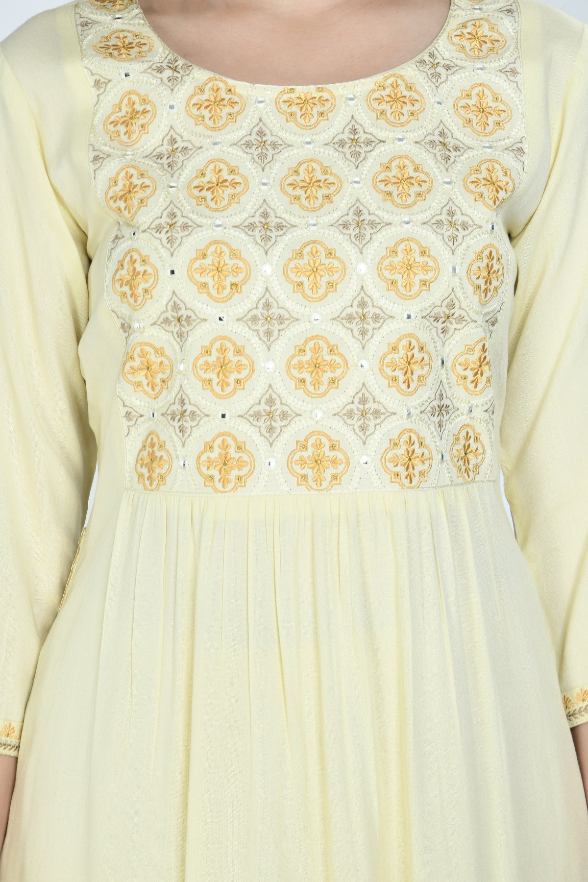 Yellow Floral Yoke Embroidered Kurta